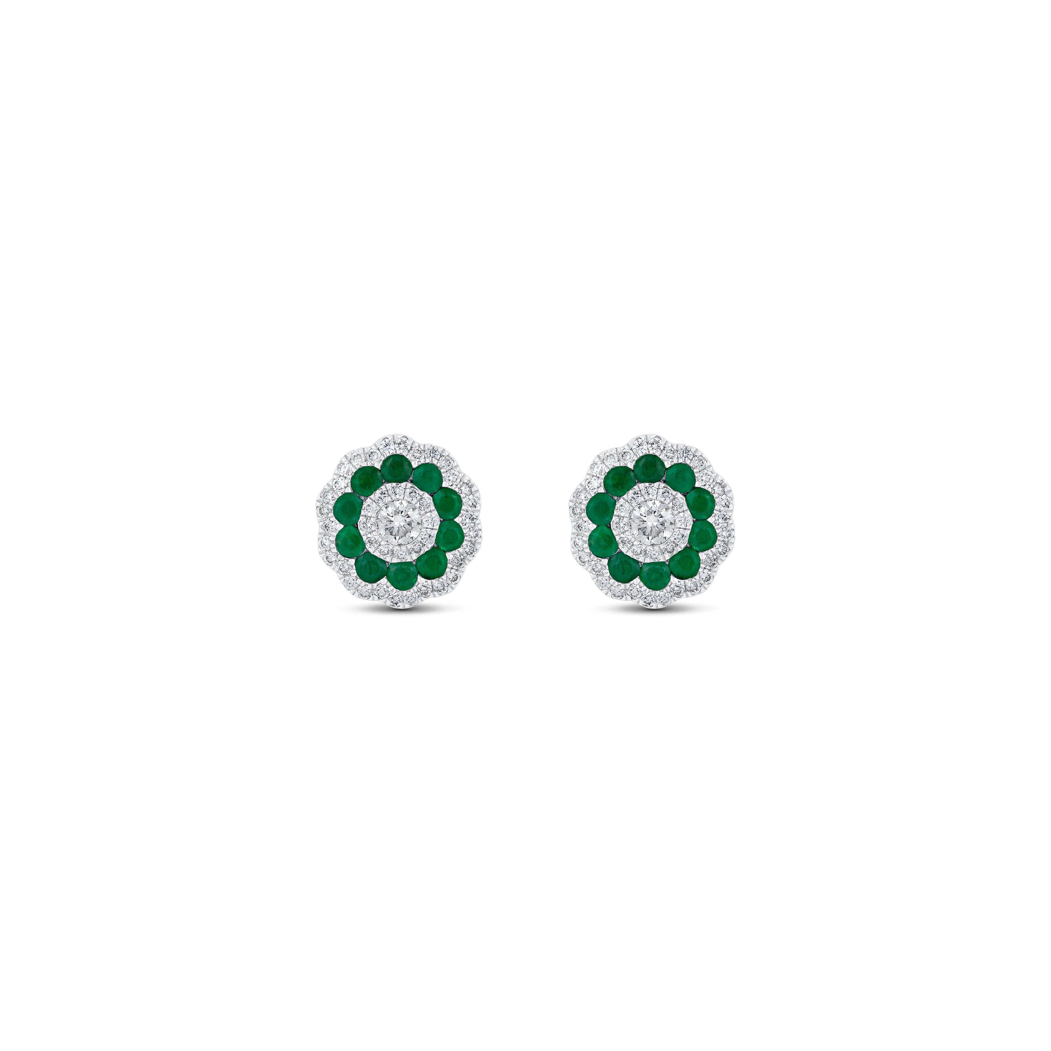 18K White Gold Emerald & Diamond Flower Stud Earrings