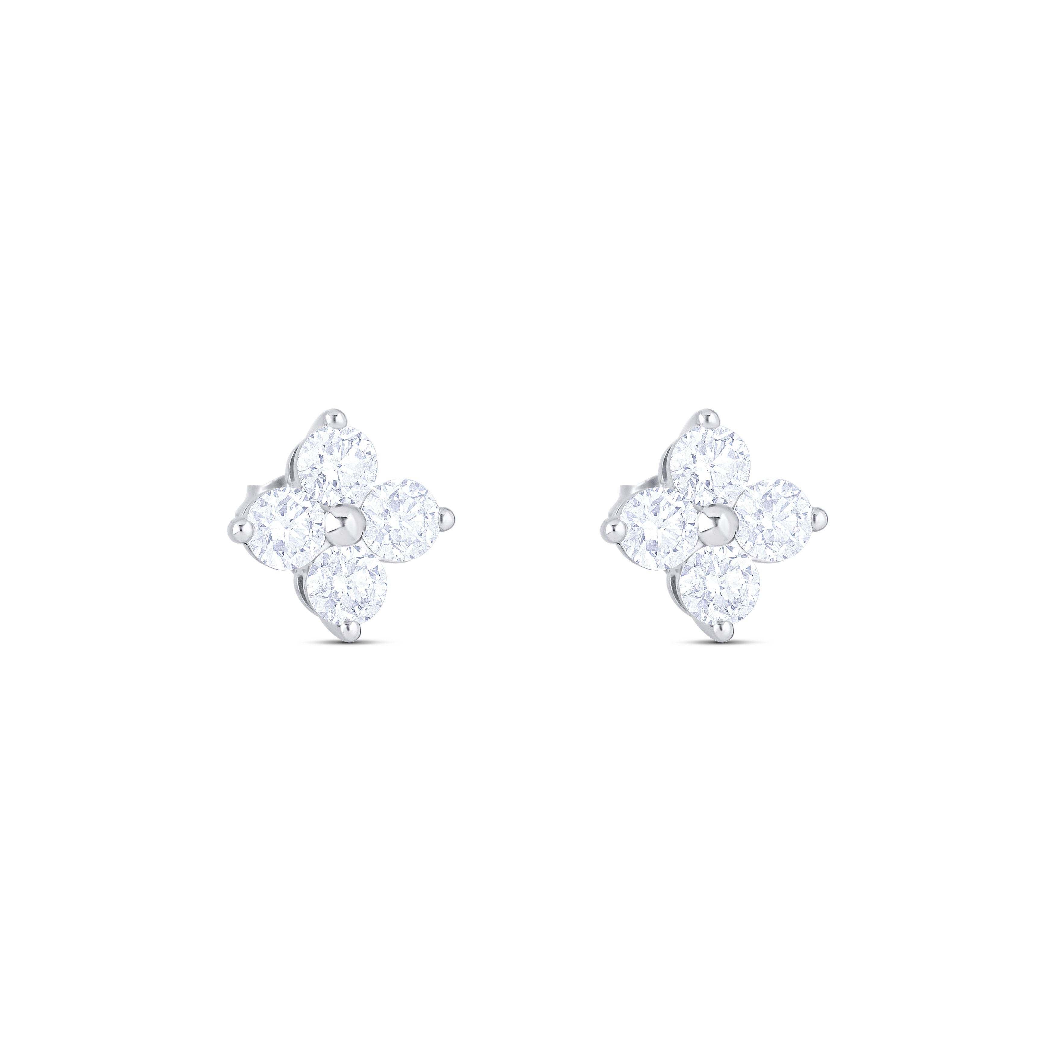 14K White Gold Round Diamond Clover Stud Earrings