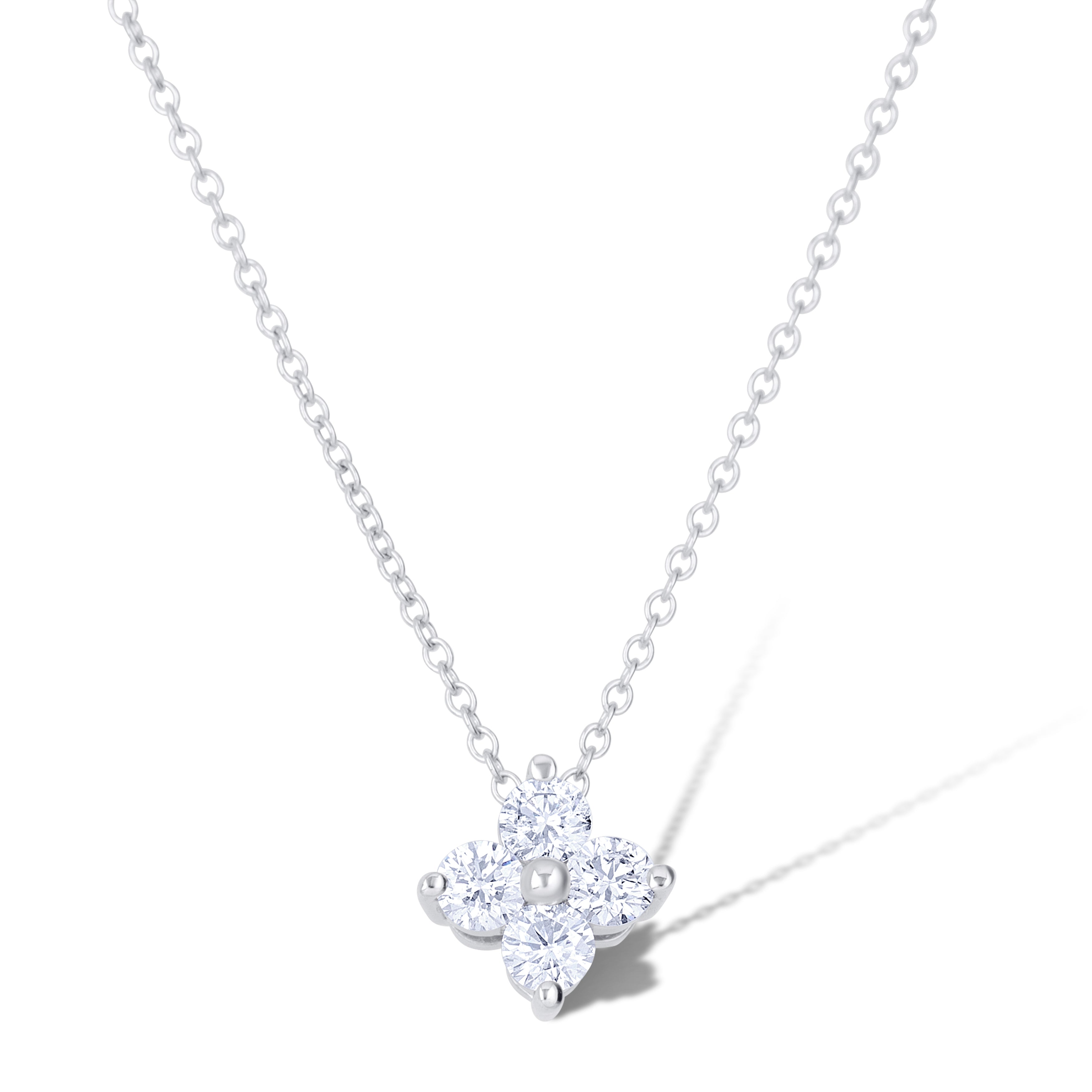 14K White Gold Round Diamond Clover Pendant Necklace