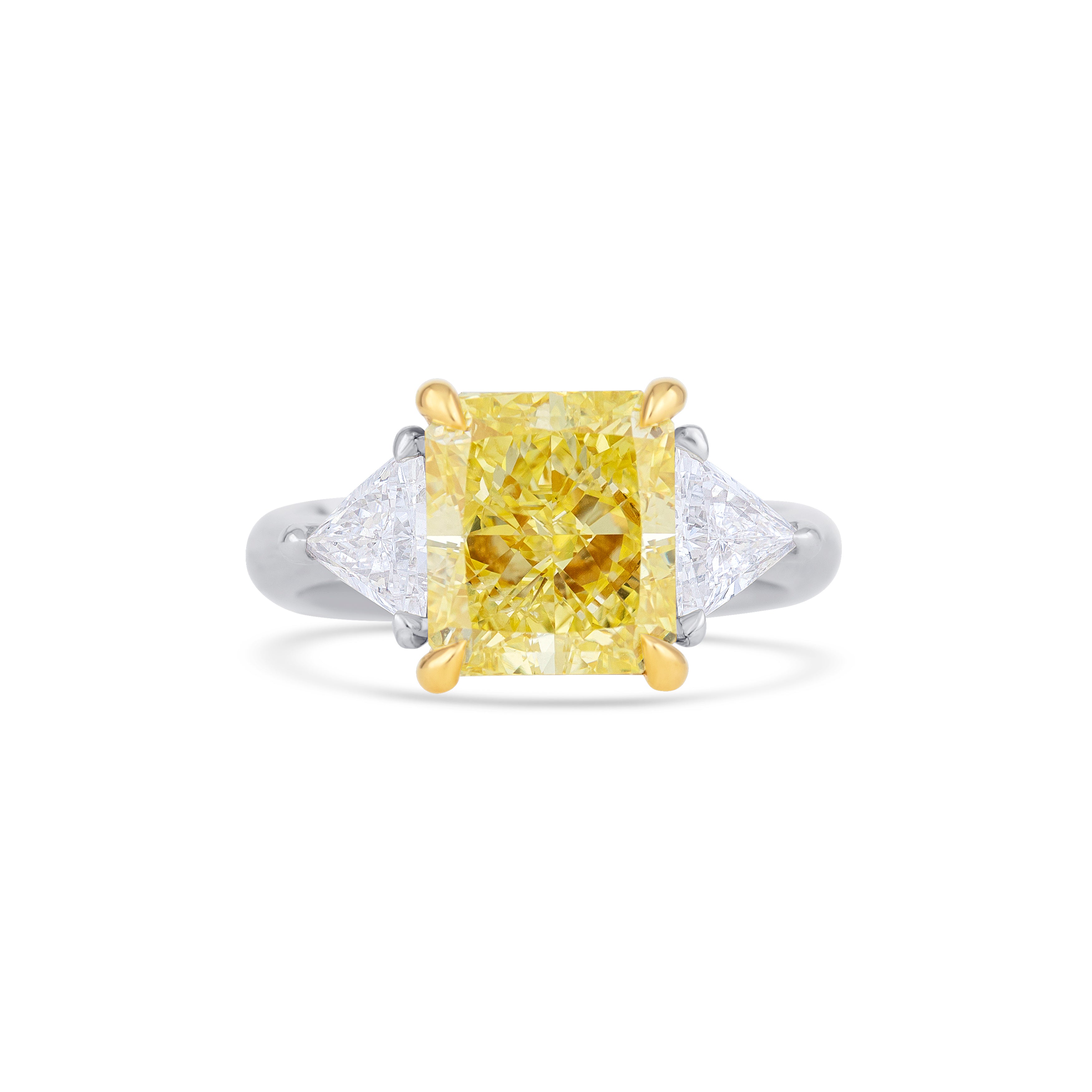 Platinum 18K Yellow Gold Three-Stone Fancy Intense Yellow Radiant Diamond Engagement Ring