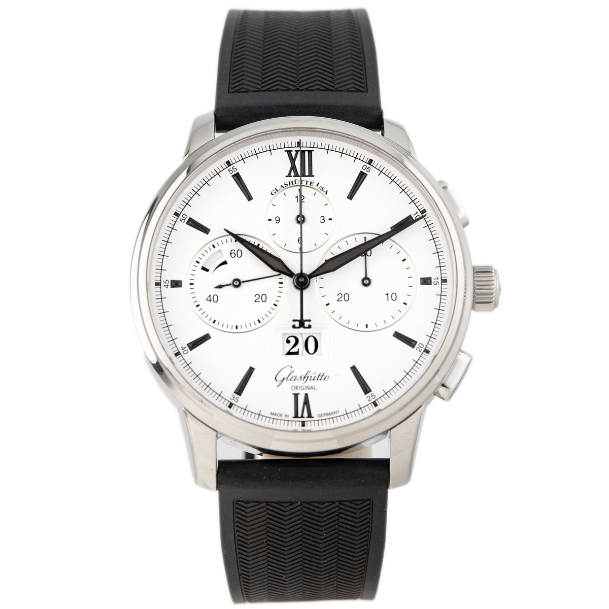 Glashutte Original Senator Chronograph Panorama Date Stainless Steel White Dial 42mm 1-37-01-05-02-33 Full Set