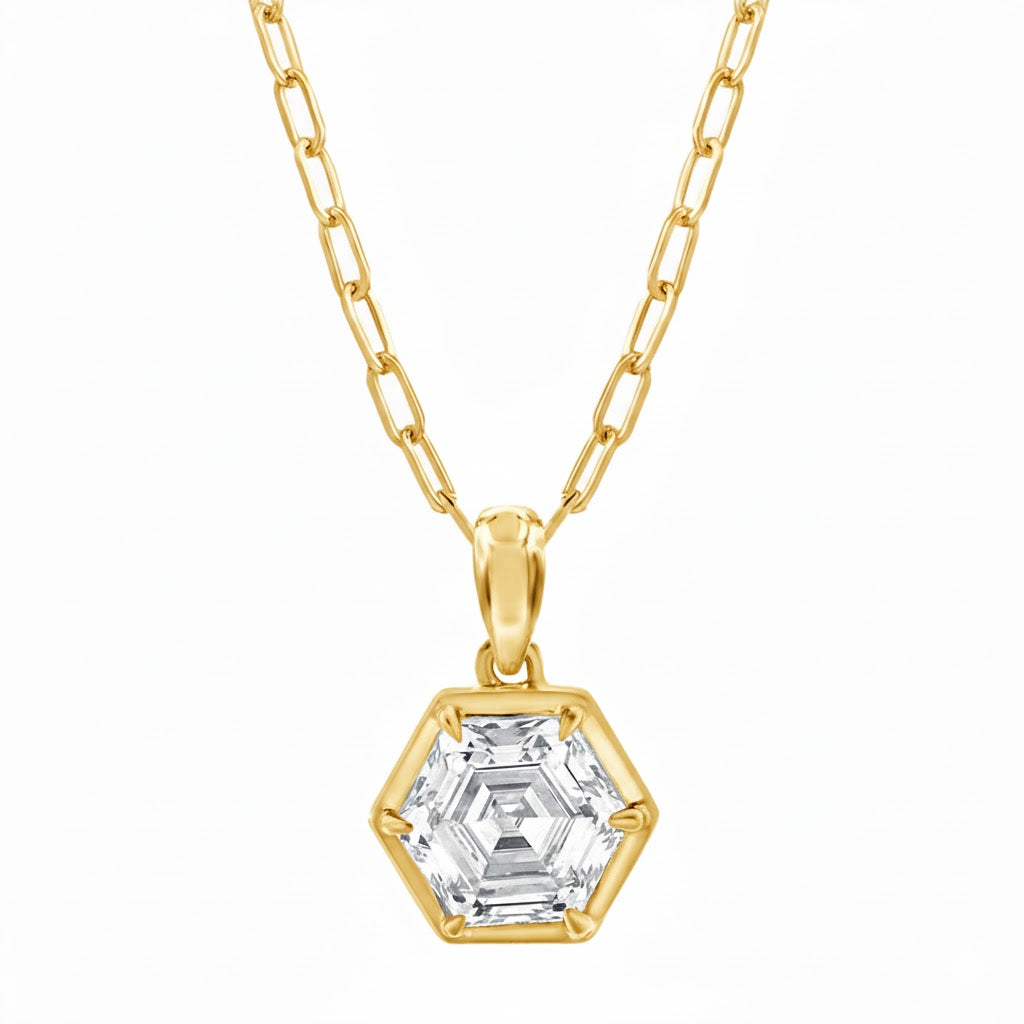 14K Yellow Gold Lab-Grown 2.13ct Hexagon Solitaire Pendant With Chain