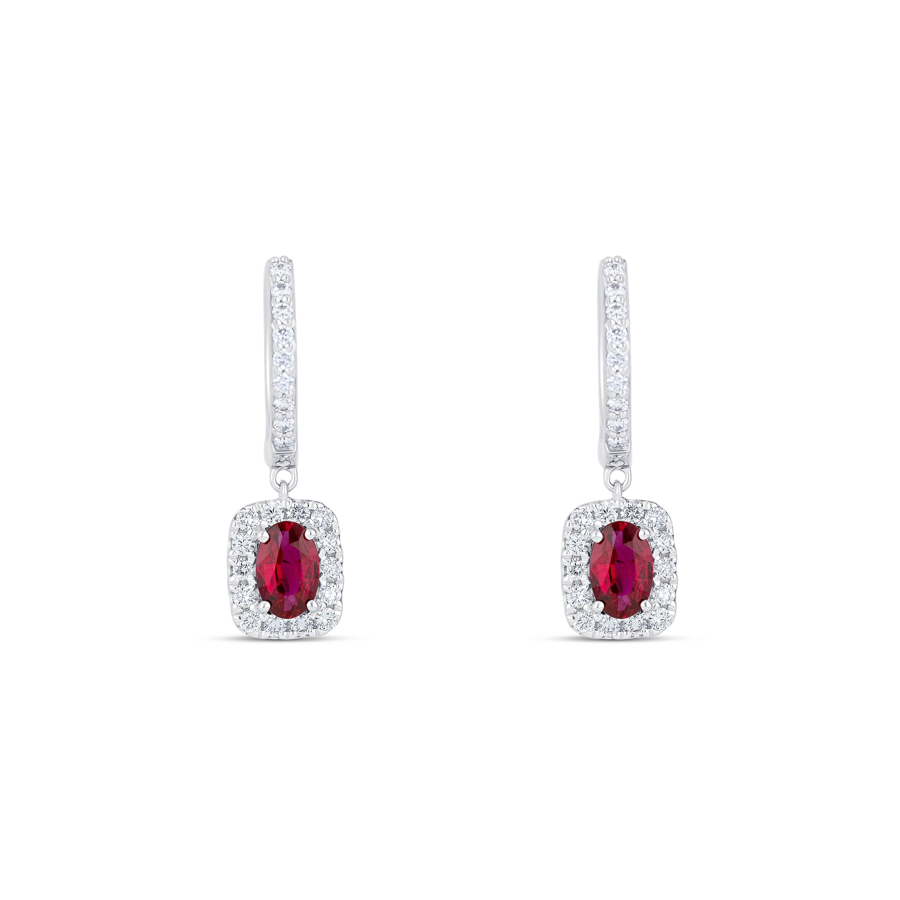 18K White Gold Oval Ruby Diamond Drop Earrings