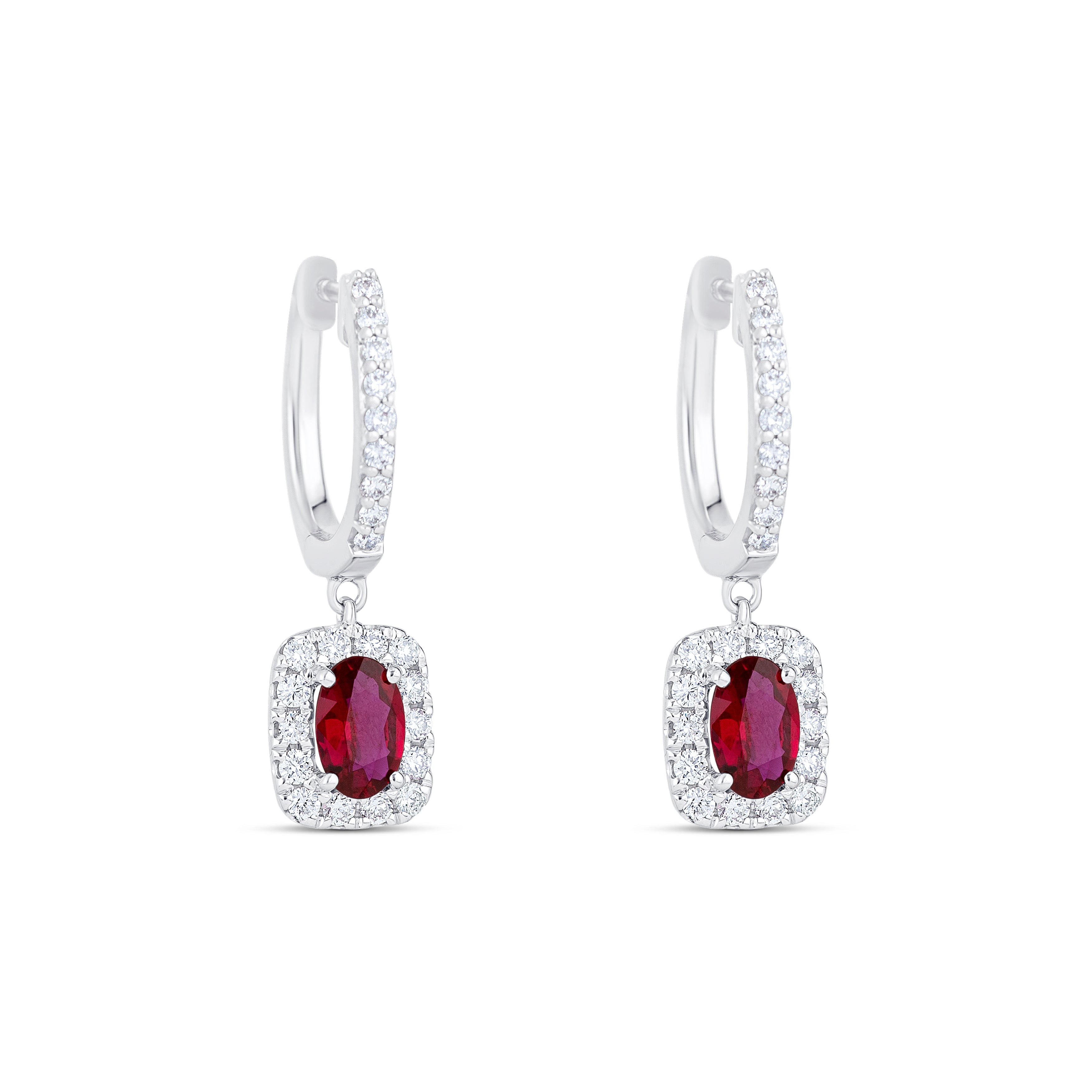 18K White Gold Oval Ruby Diamond Drop Earrings