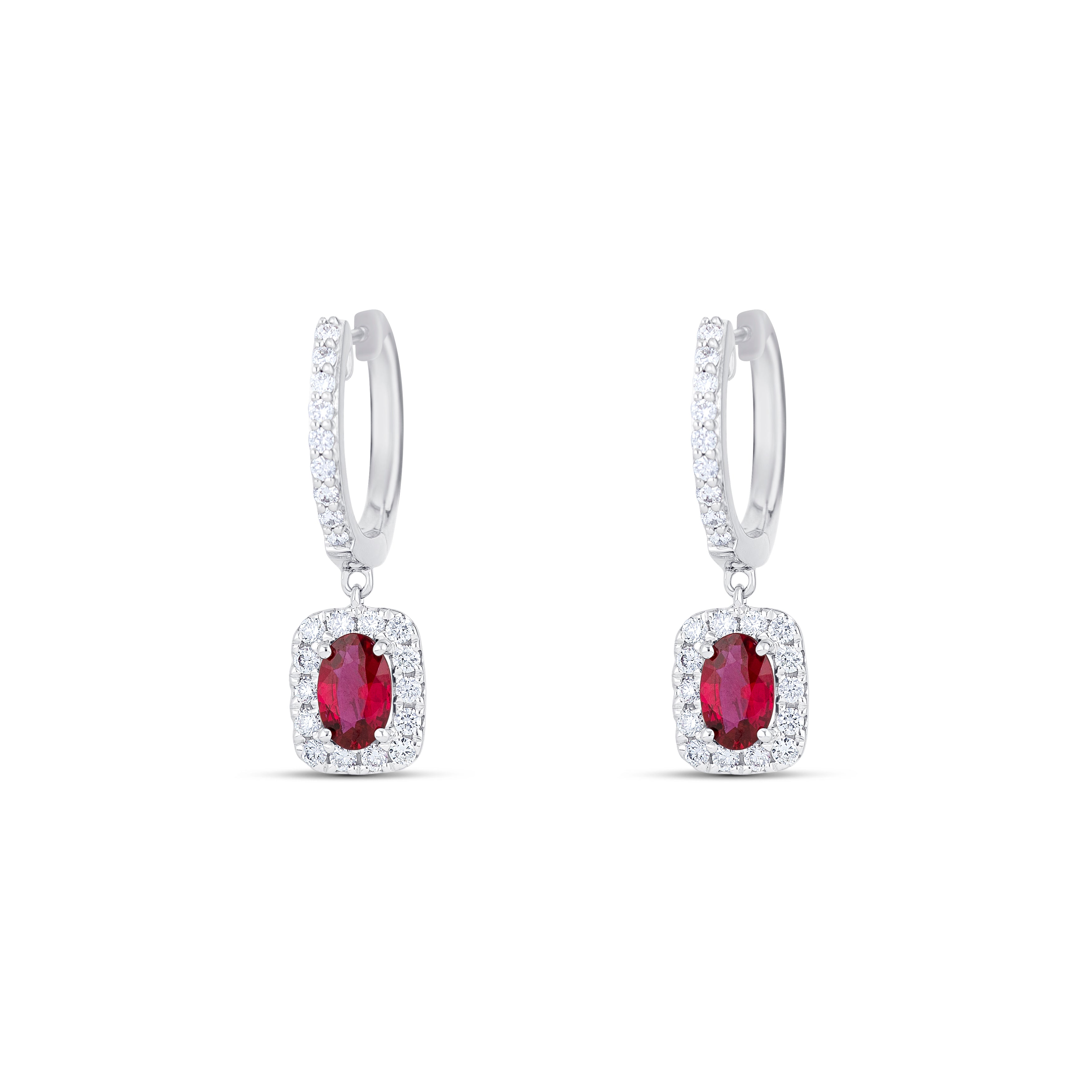 18K White Gold Oval Ruby Diamond Drop Earrings