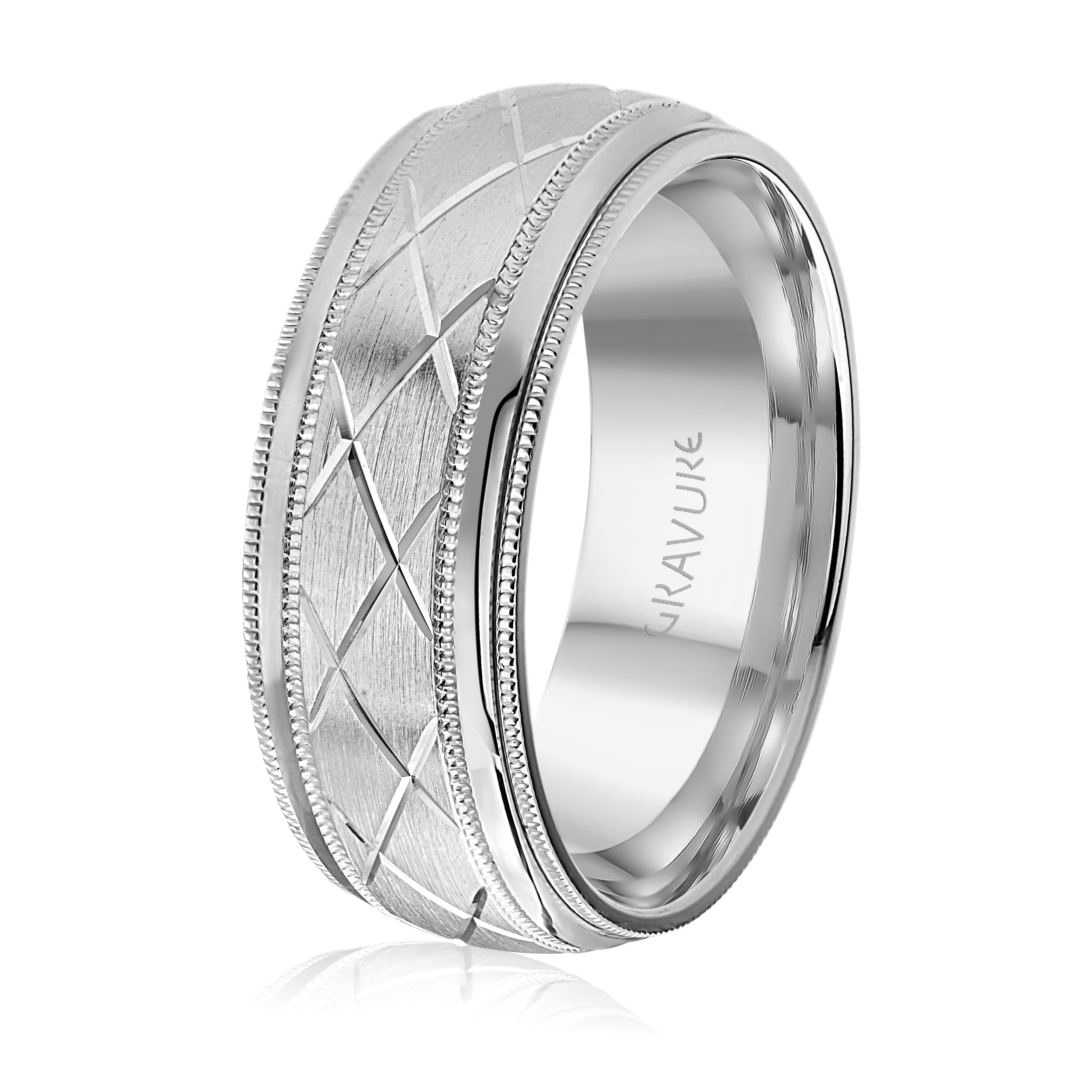 14K White Gold Engraved Wedding Band 8.0mm