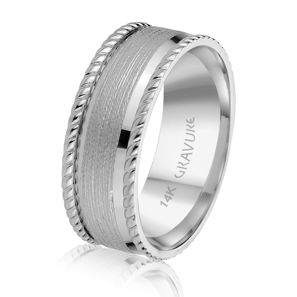 14K White Gold Engraved Wedding Band 8.0mm