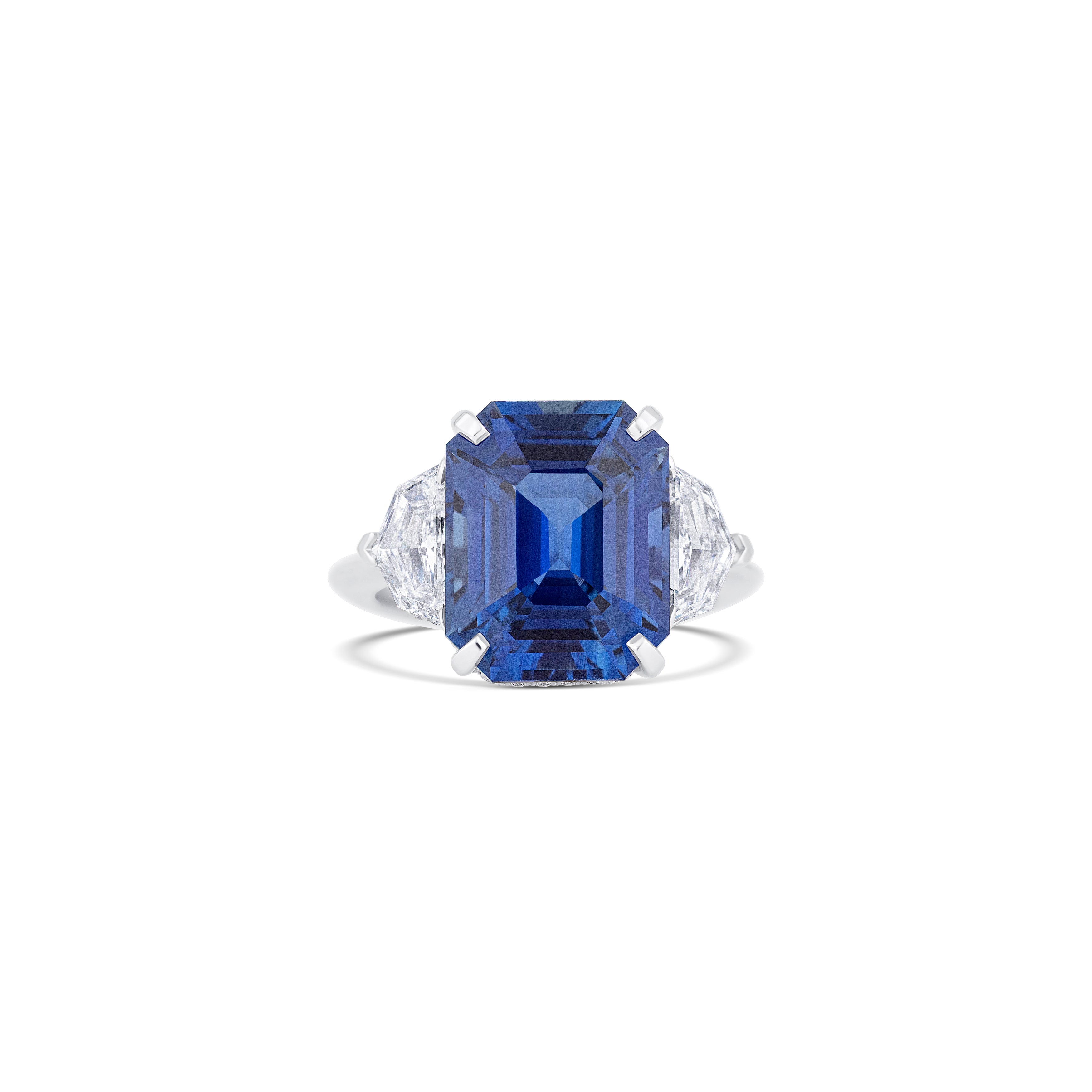 Platinum Three-Stone Blue Cushion Sapphire Engagement Ring