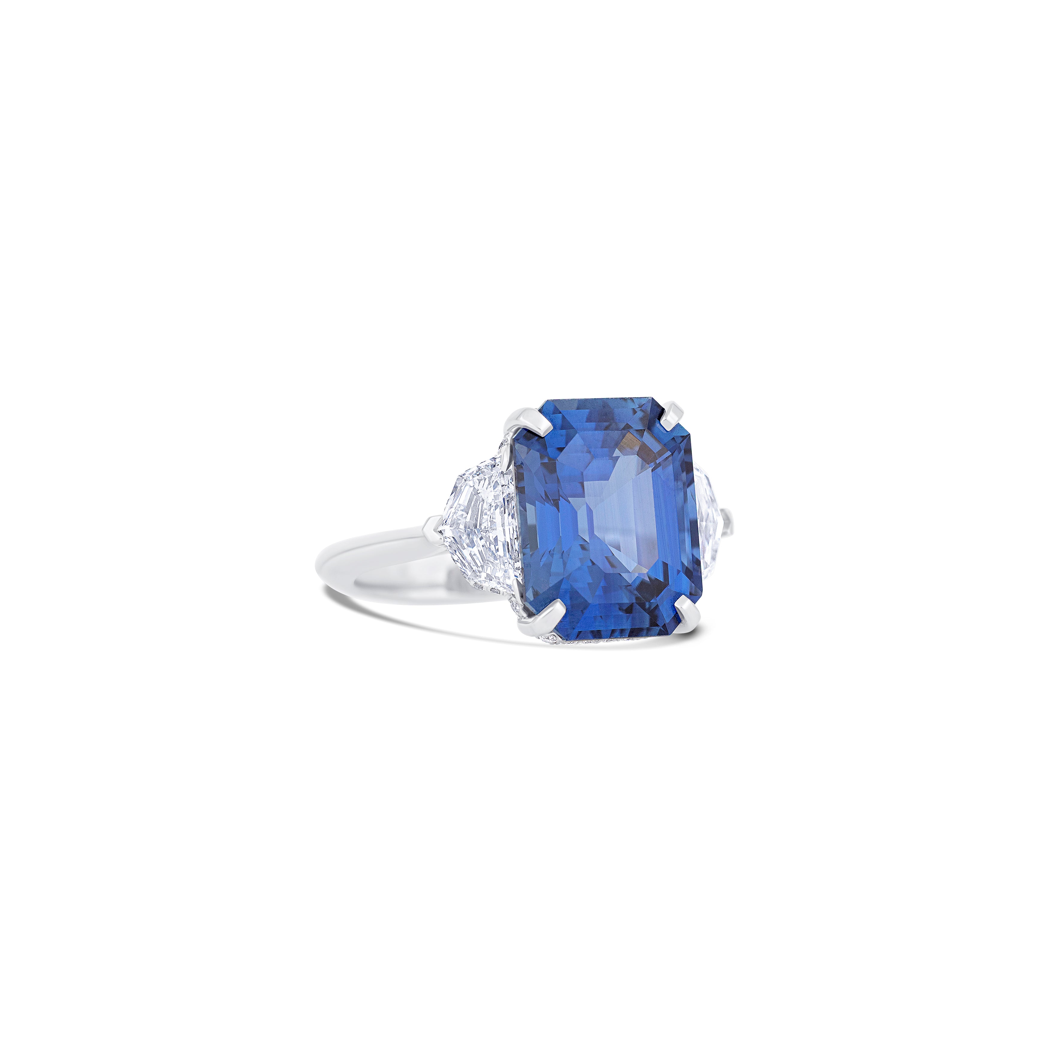 Platinum Three-Stone Blue Cushion Sapphire Engagement Ring