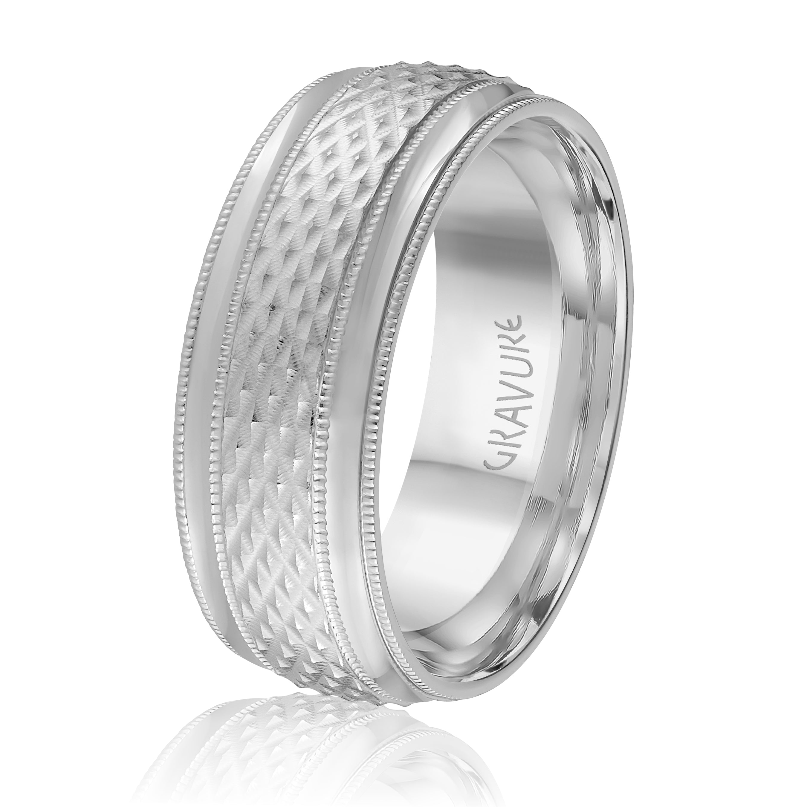 14K White Gold Engraved Wedding Band 8.0mm