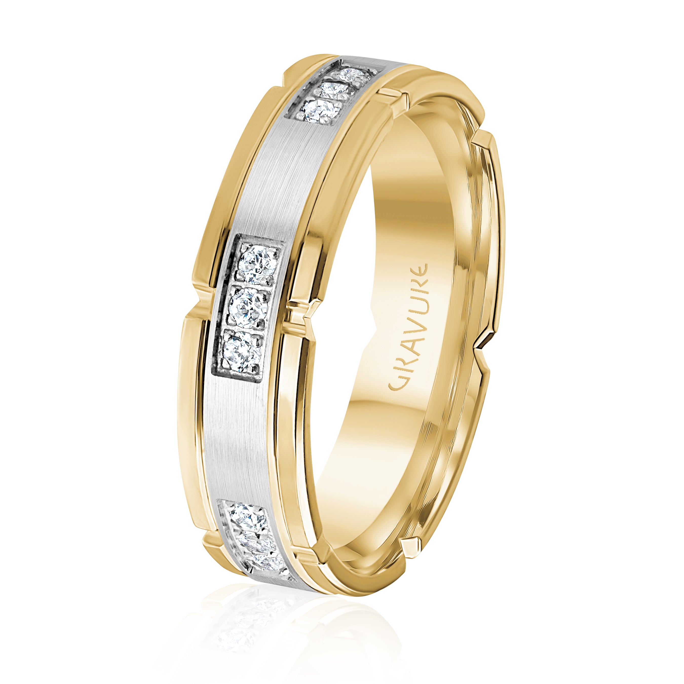 14K White Gold 14K Yellow Gold Gold Plated Satin Finish Diamond Wedding Band 6.0mm 0.36 ctw