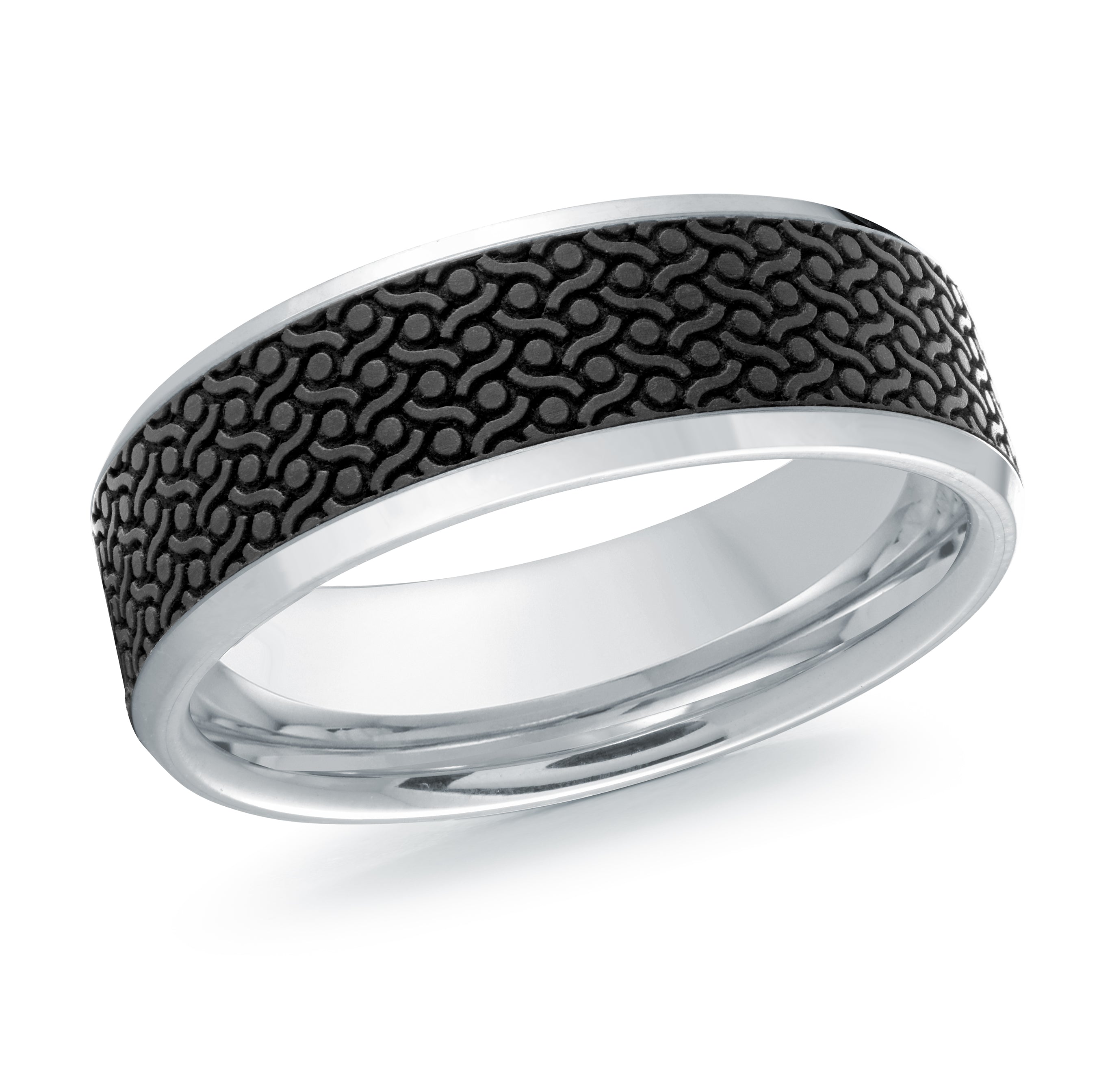 Carbon Fiber 14K White Gold Engraved Wedding Band 7.0mm