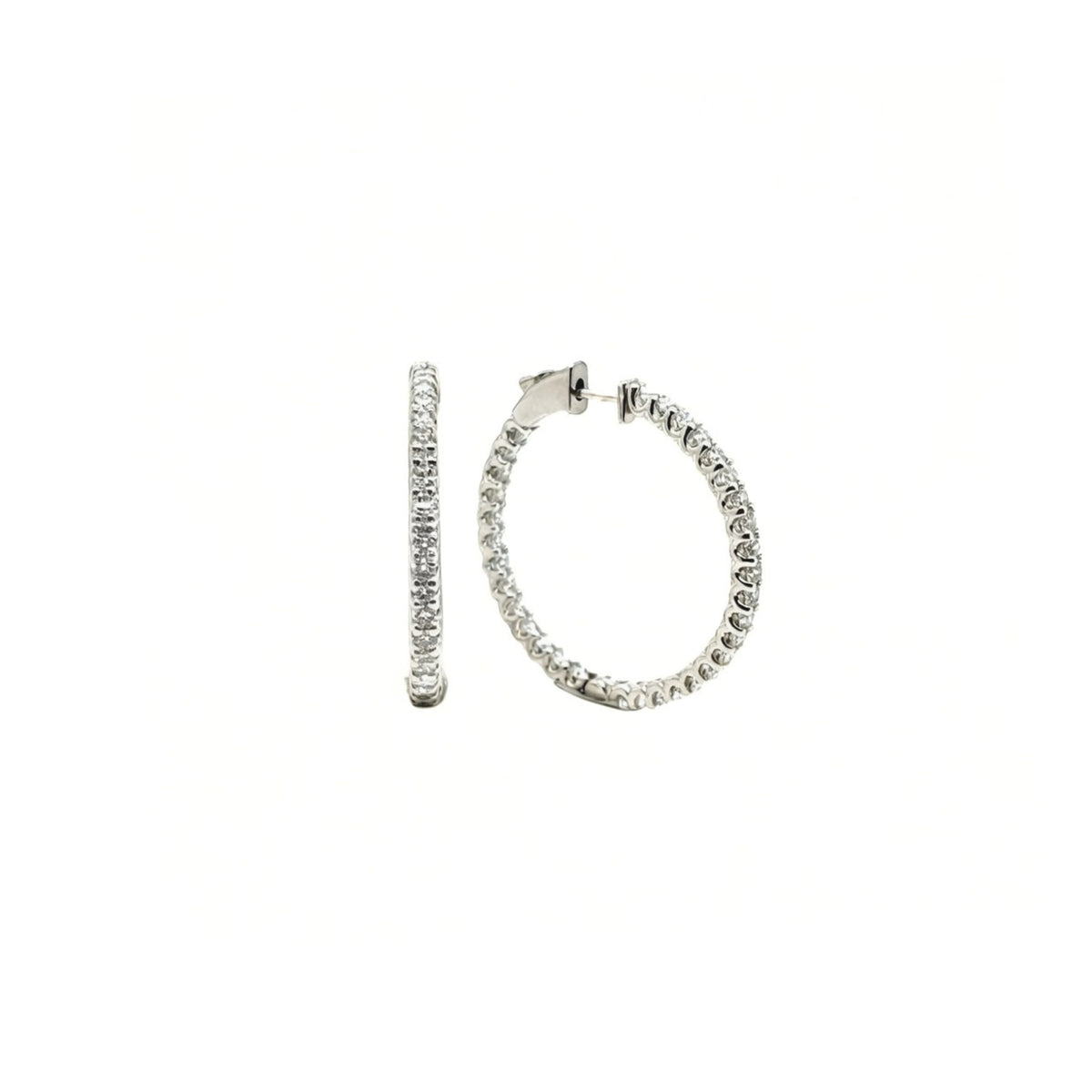 14K White Gold Inside-Out Shared Prong Round Brilliant Diamond Hoop Earrings