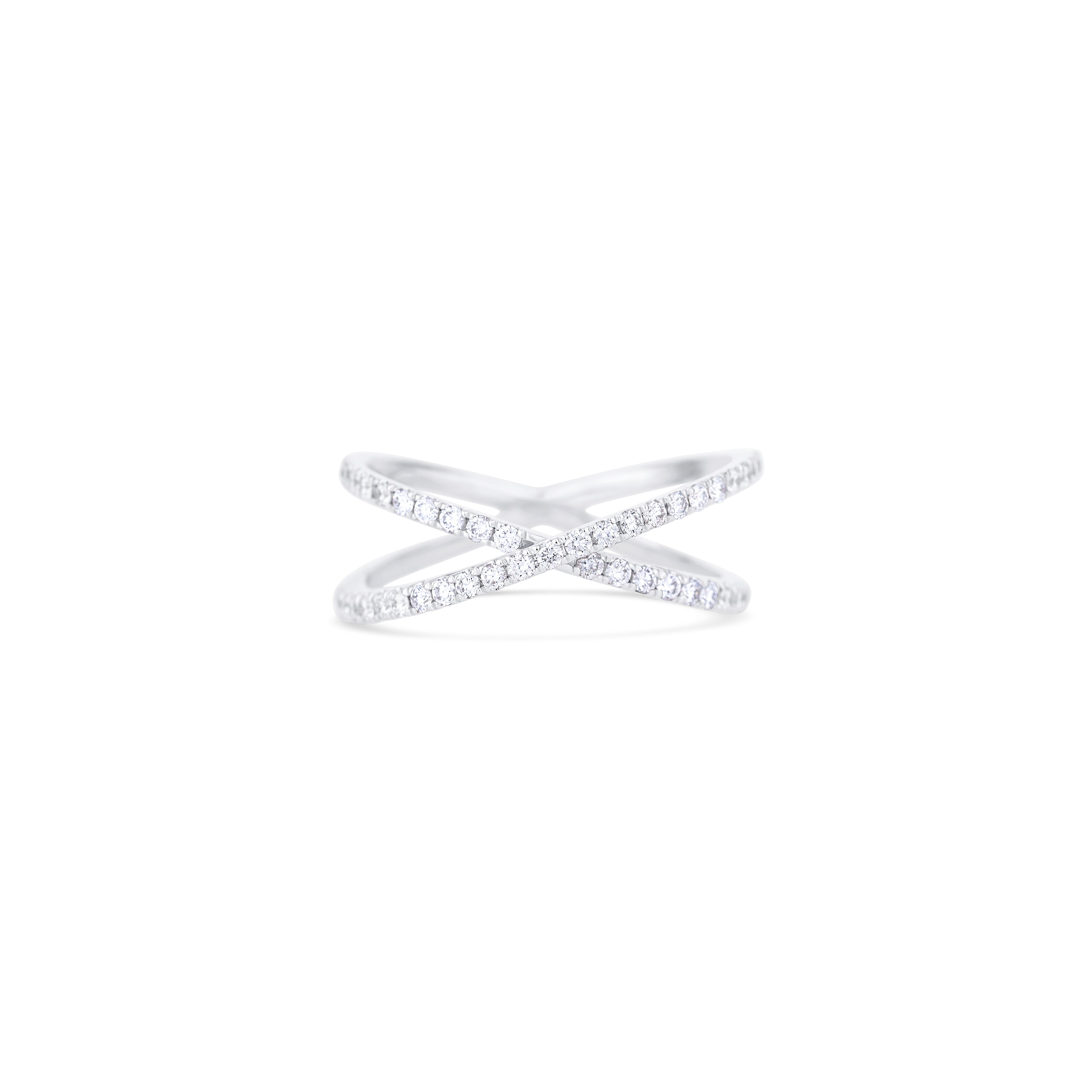 14K White Gold Round Diamond Criss-Cross Ring