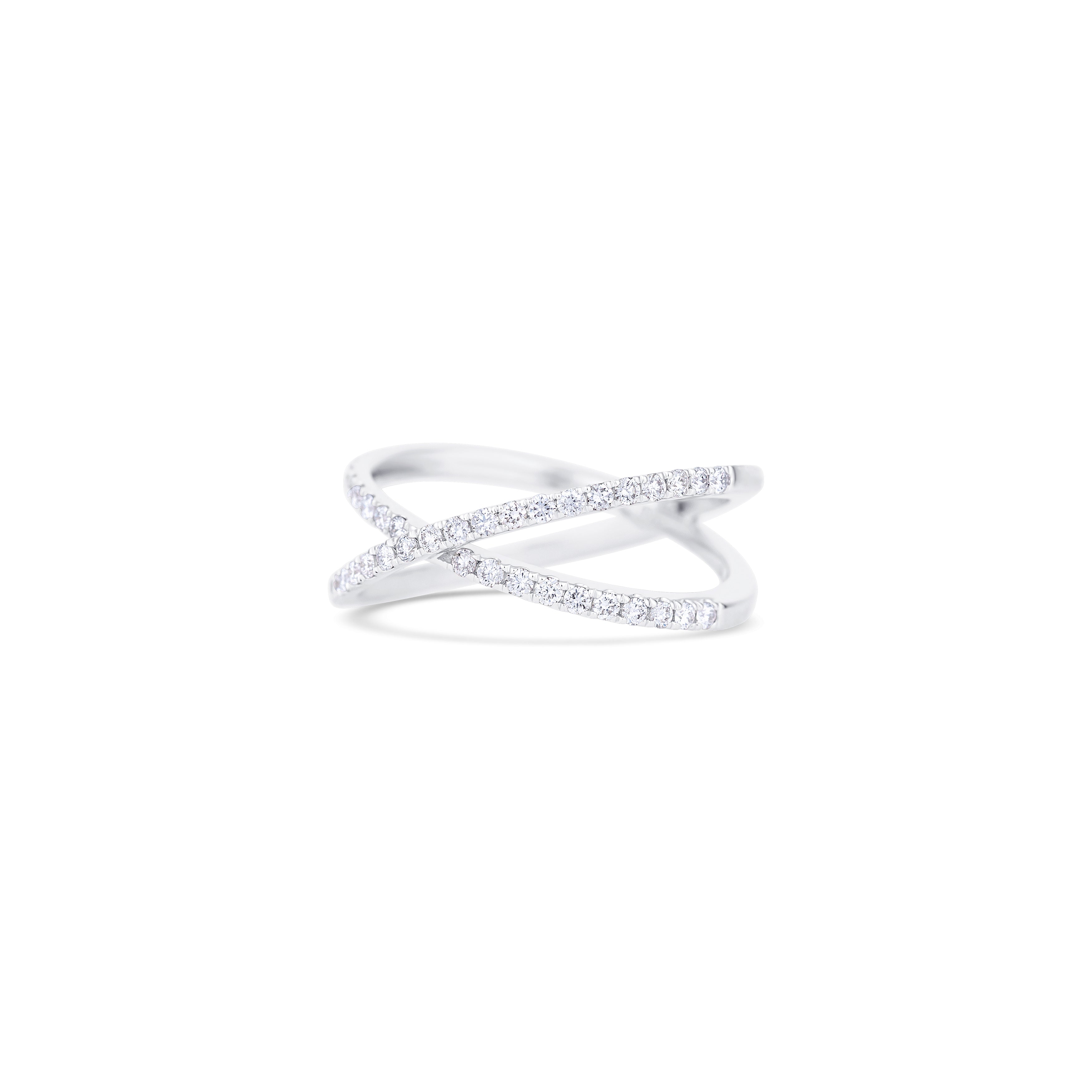 14K White Gold Round Diamond Criss-Cross Ring