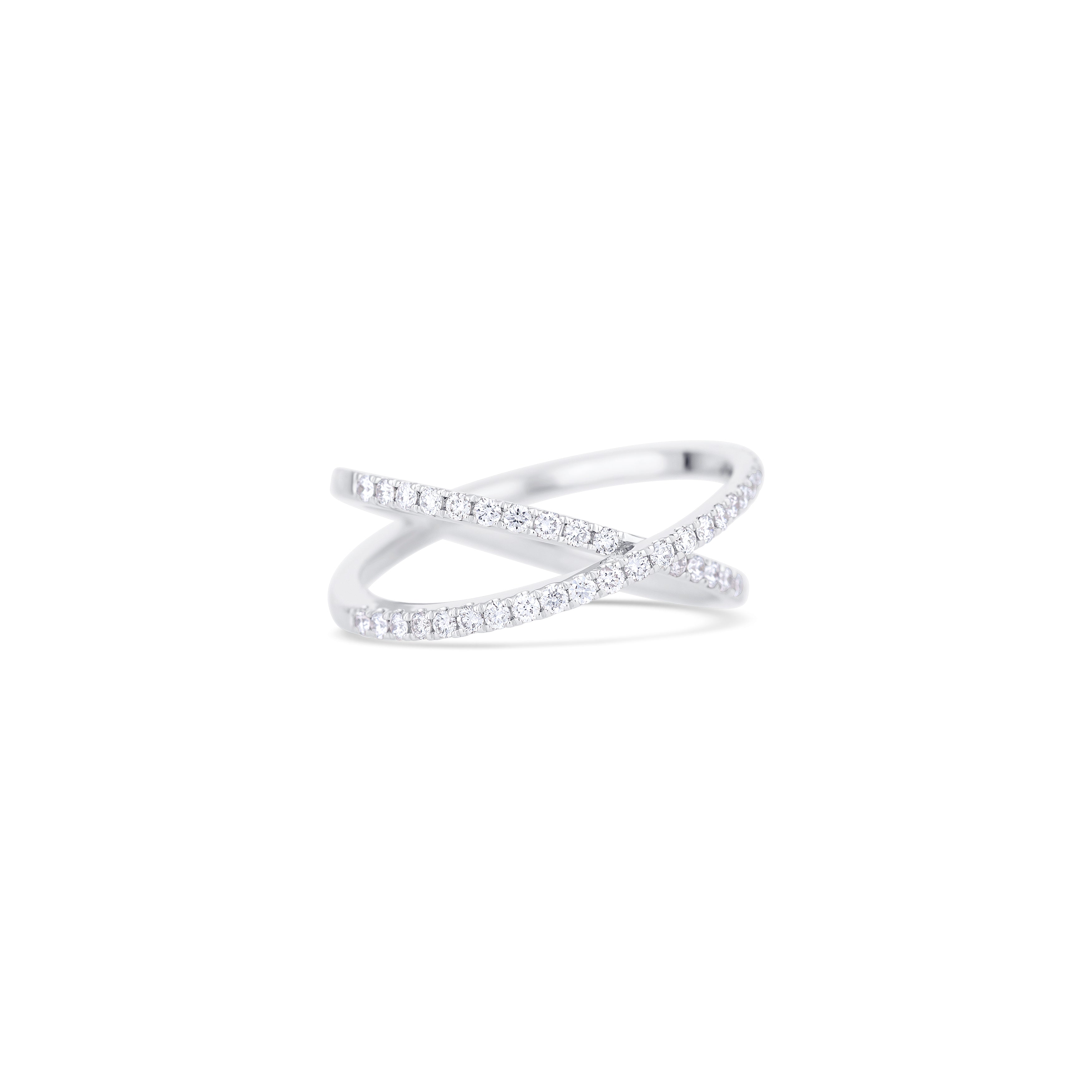 14K White Gold Round Diamond Criss-Cross Ring