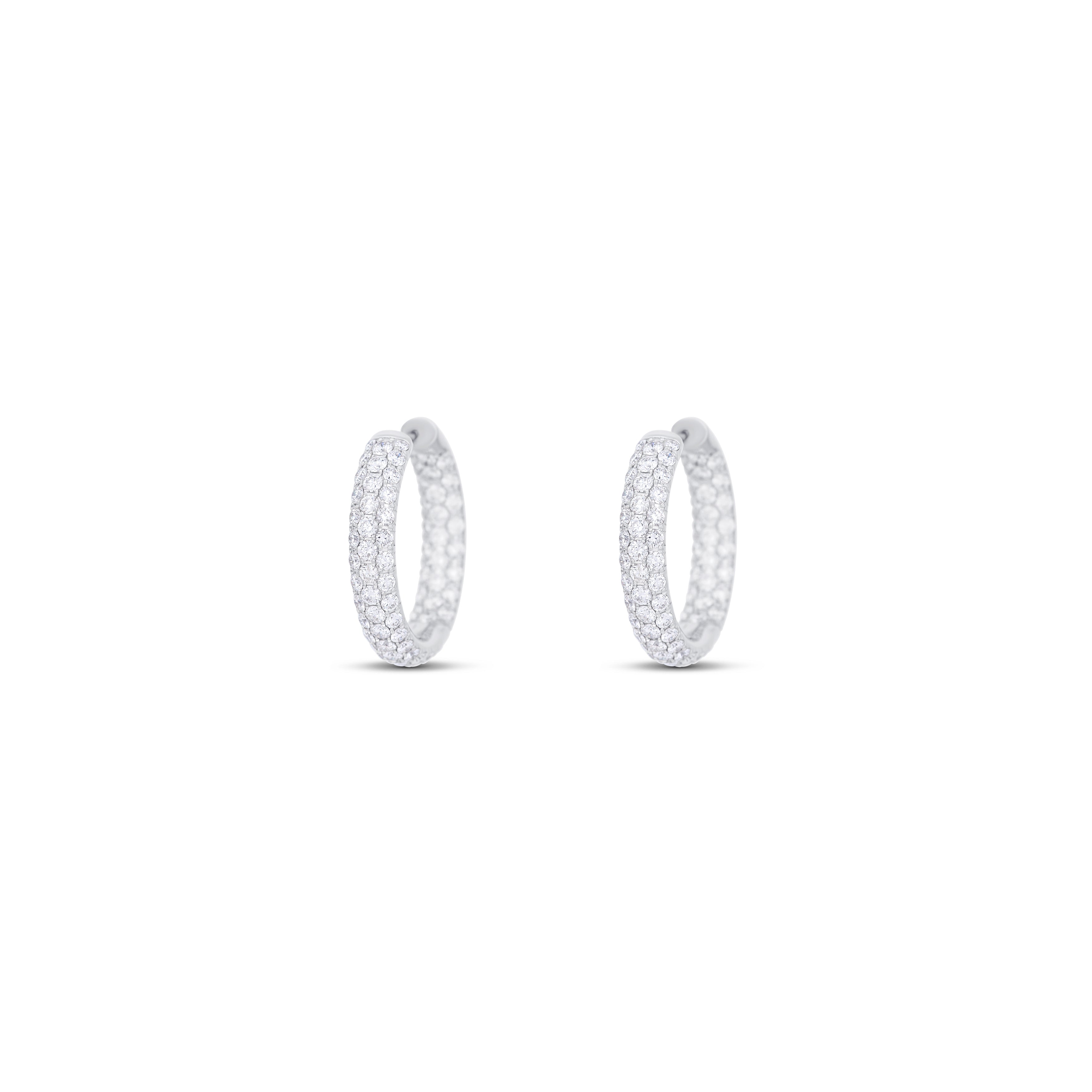 18K White Gold 3 Row Inside-Out Round Diamond Small Hoop Earrings