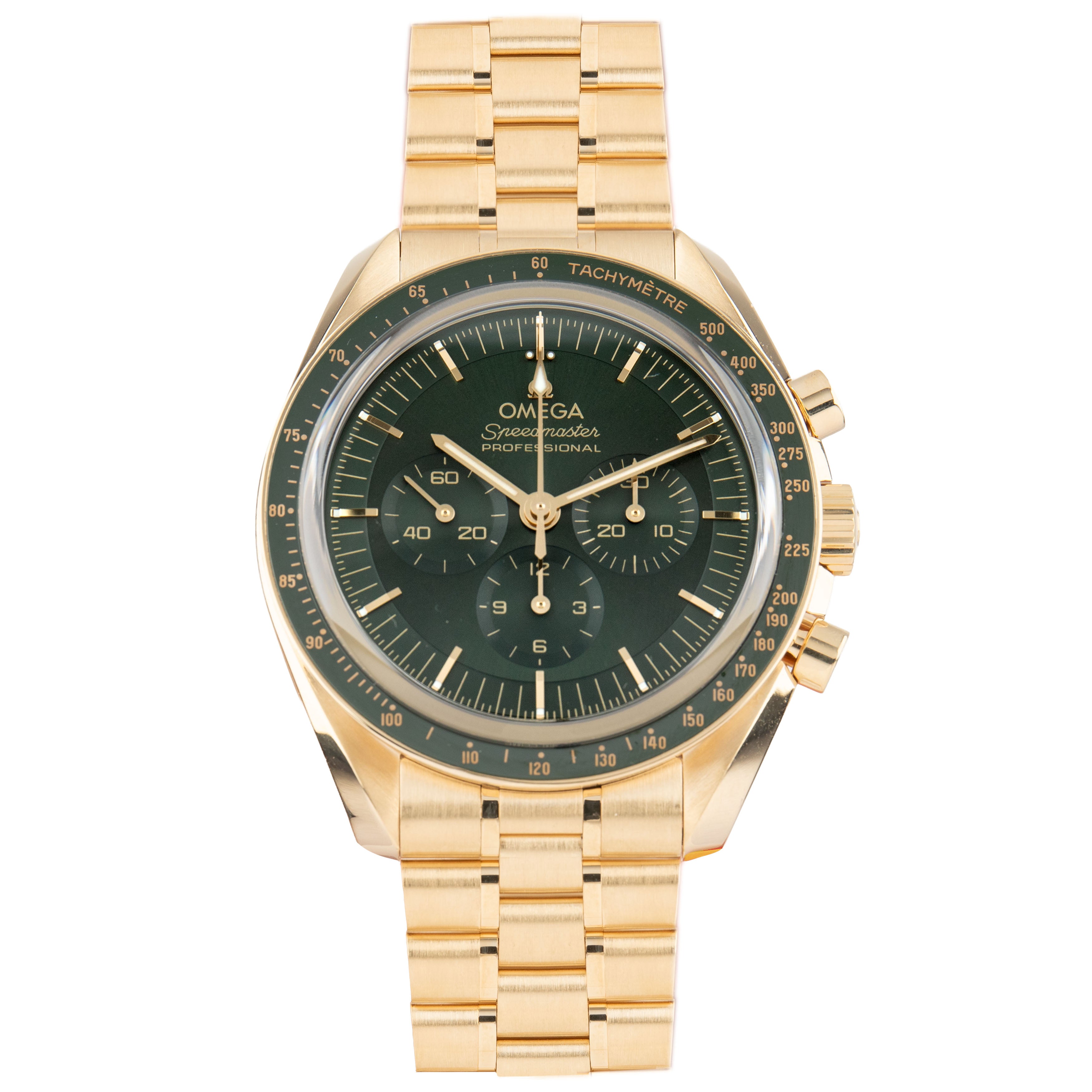 Omega Speedmaster Moonwatch Professional Moonshine Yellow Gold Green Dial 42mm 310.60.42.50.10.001 Full Set
