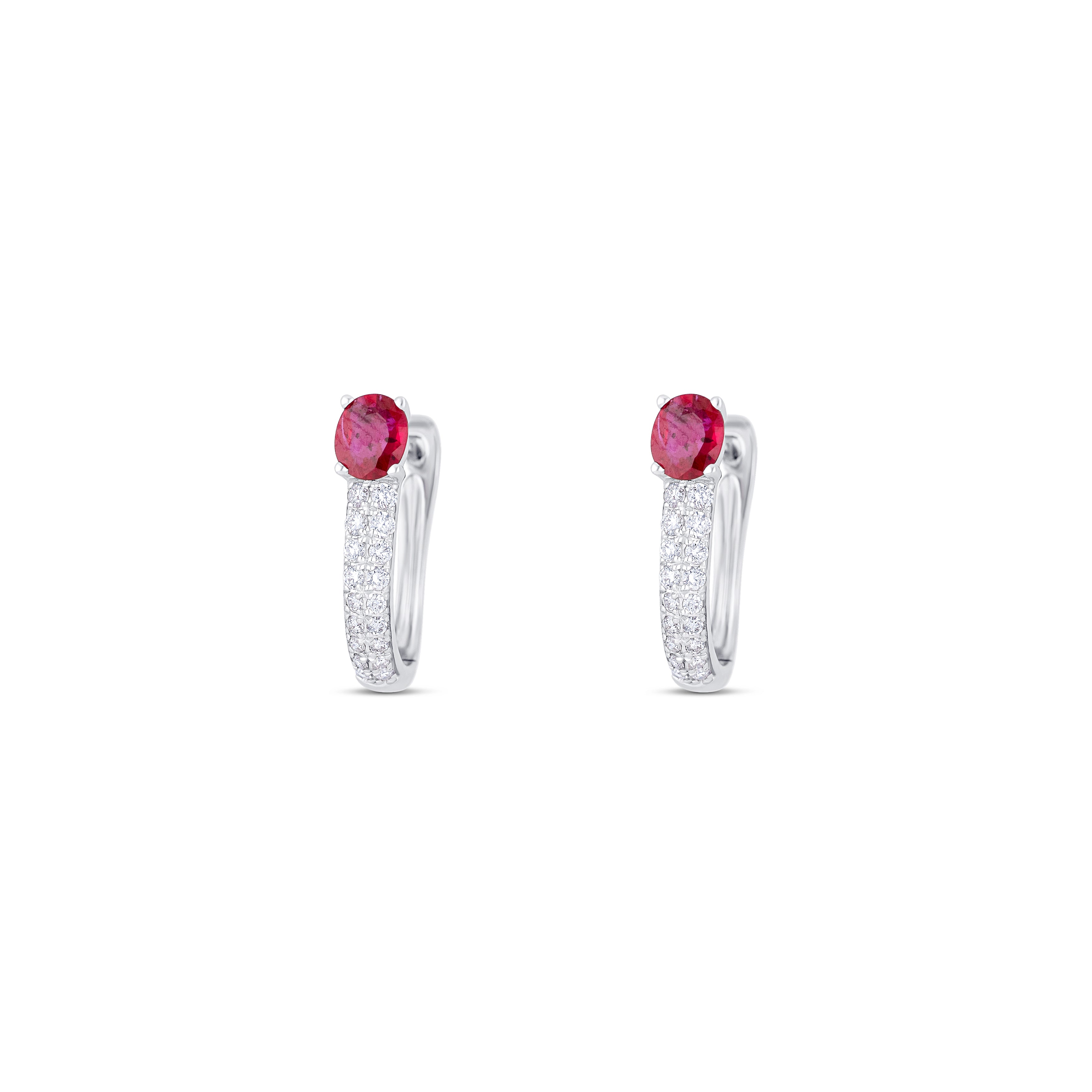 14K White Gold Round Diamond & Ruby Hoop Earrings