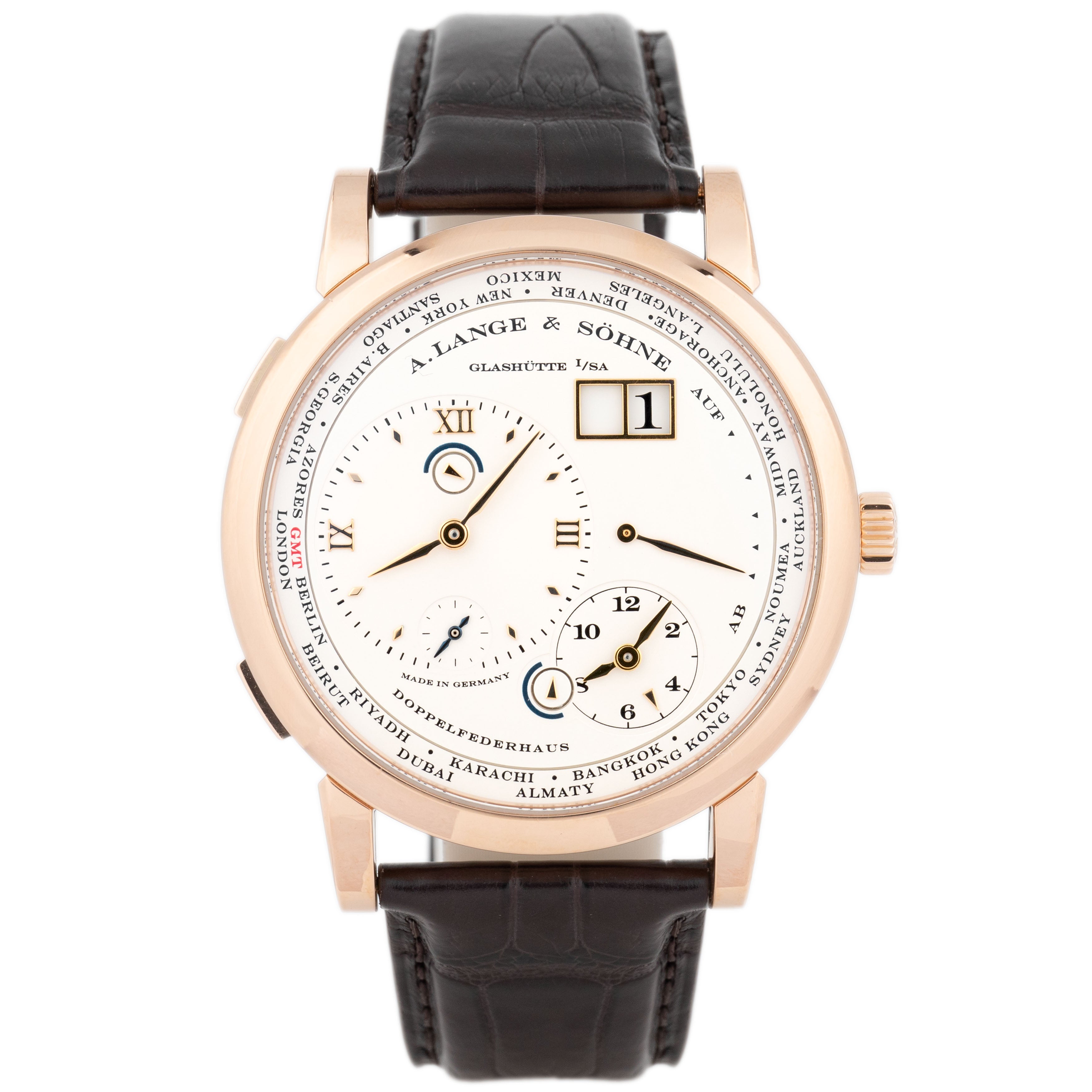 A. Lange & Sohne Lange 1 Timezone Rose Gold Silver Dial 41.9mm 116.032 Full Set