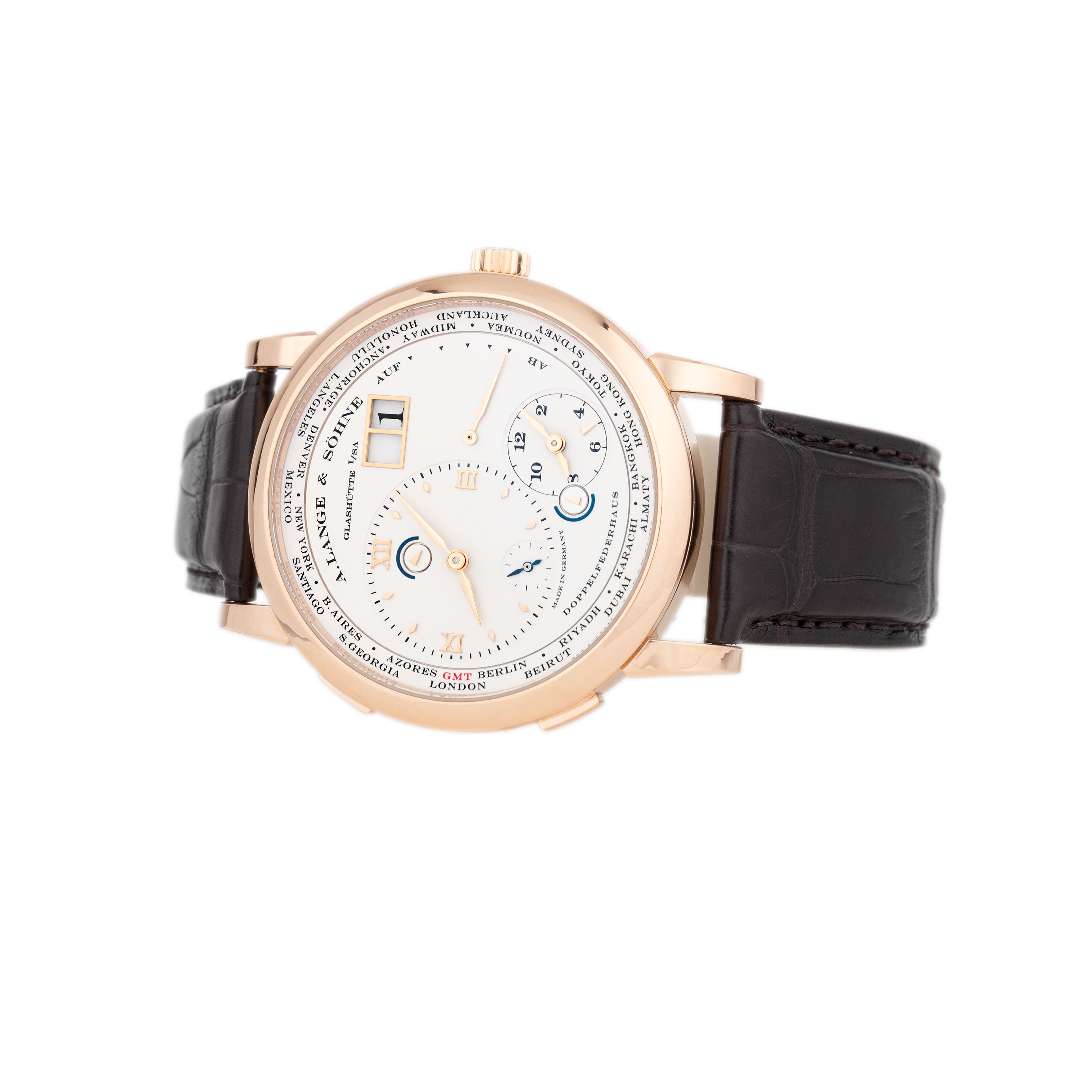 A. Lange & Sohne Lange 1 Timezone Rose Gold Silver Dial 41.9mm 116.032 Full Set