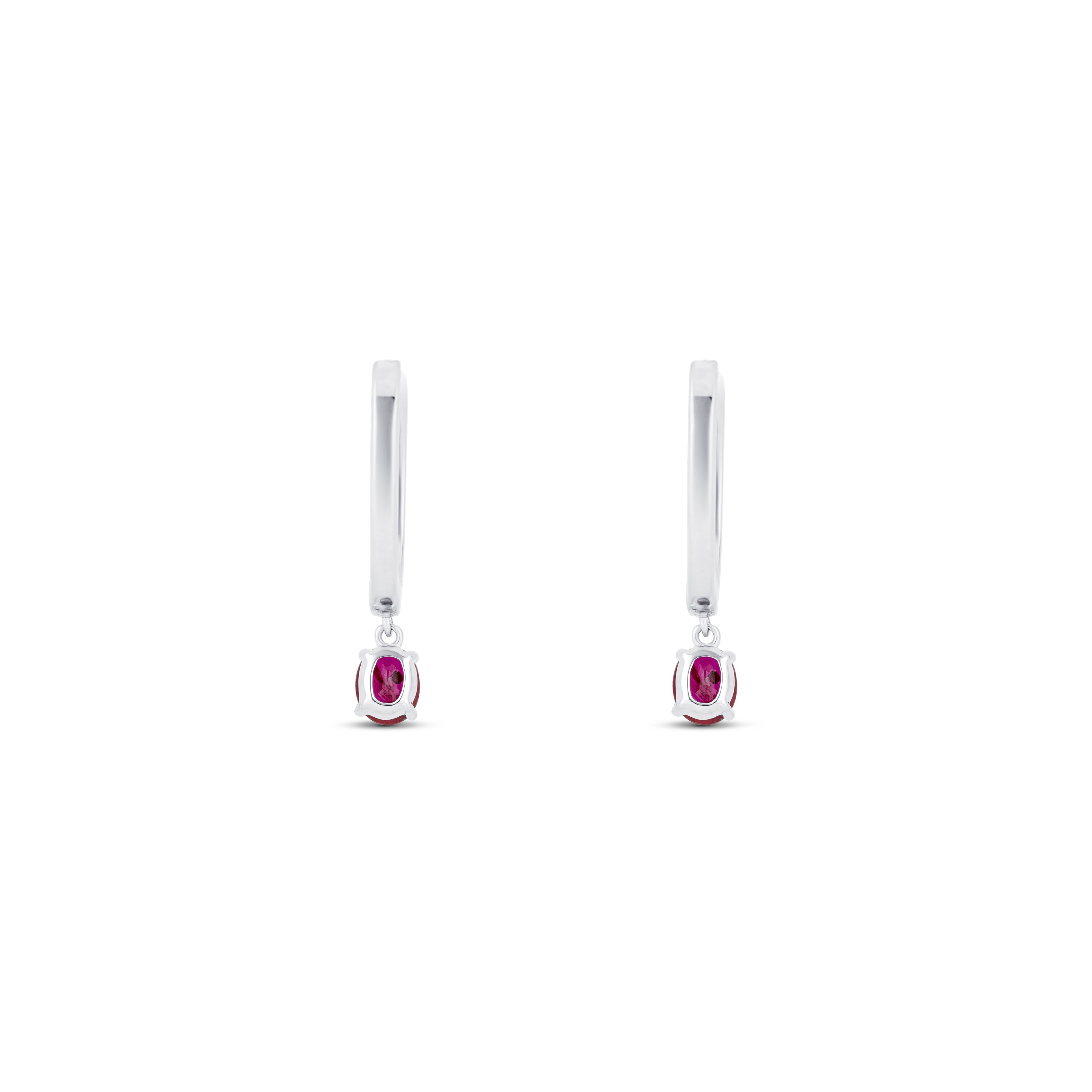 14K White Gold Ruby & Round Diamond Huggie Earrings