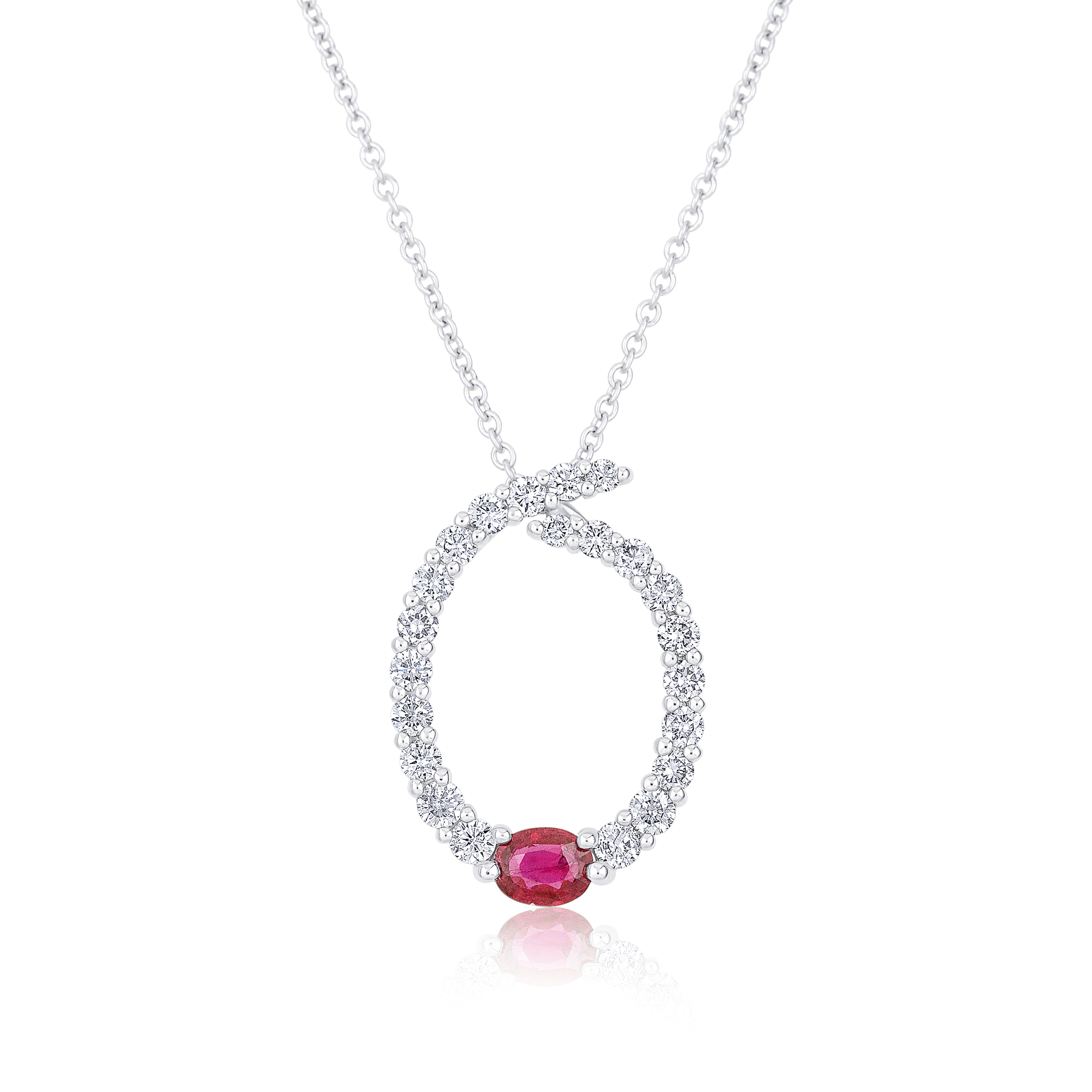 14K White Gold Ruby & Diamond Pendant Necklace