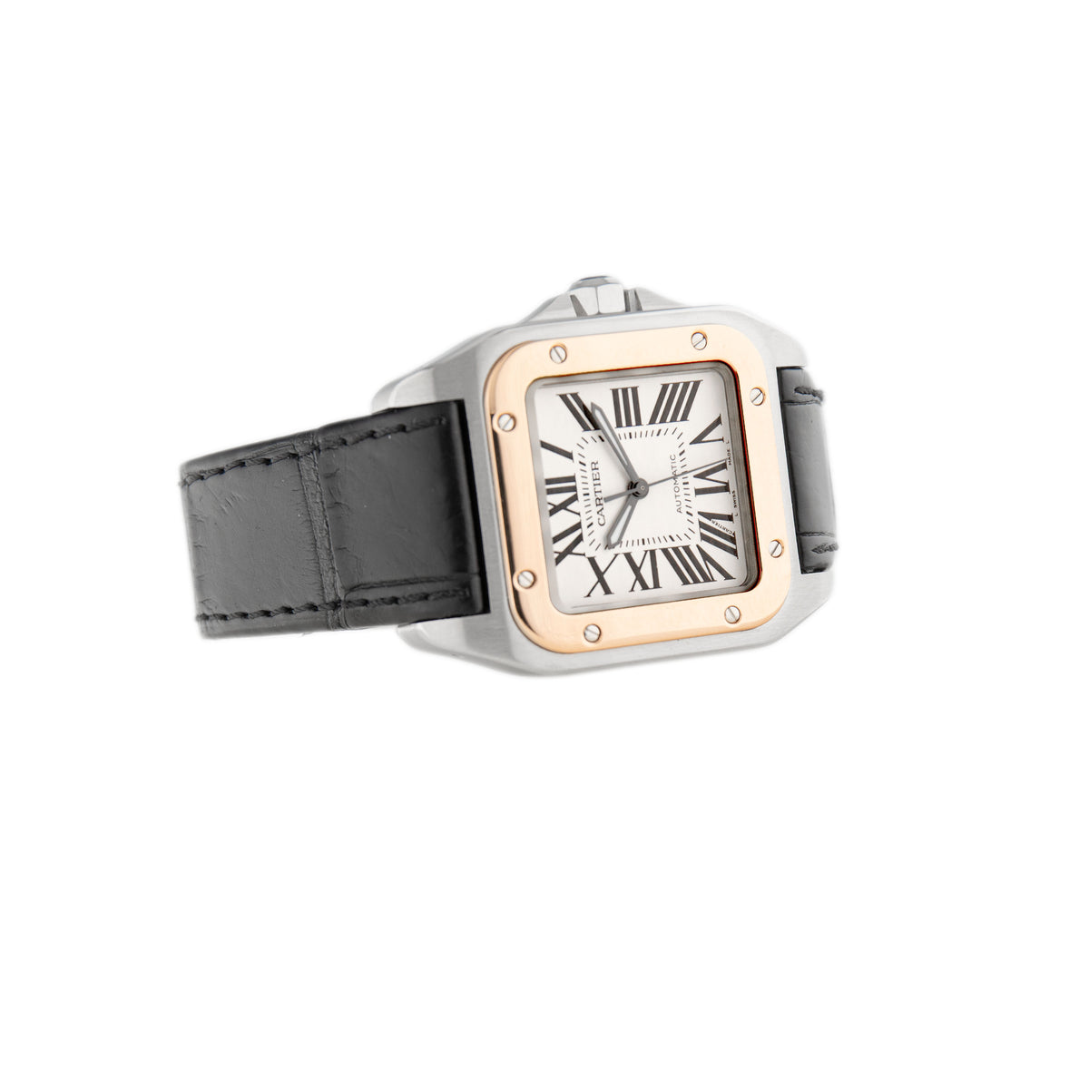 Cartier Santos 100 Stainless Steel Rose Gold Silver Dial 44.2x35.6mm W20107X7