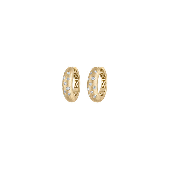 14k Yellow Gold Diamond Burnish Set Florentine Finish Huggie Hoop Earrings