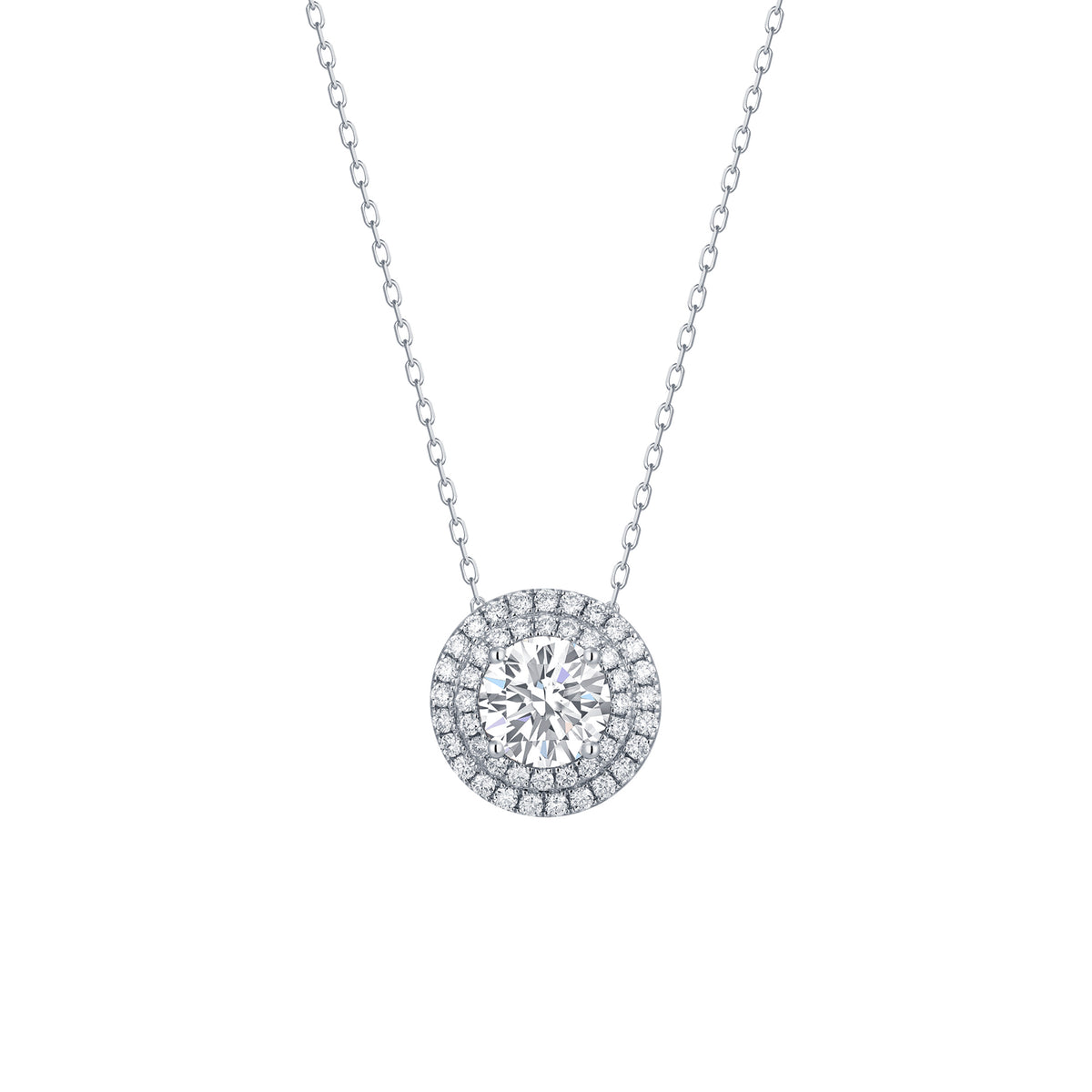 14k White Gold Lab Grown Round Diamond Halo Pendant with Chain