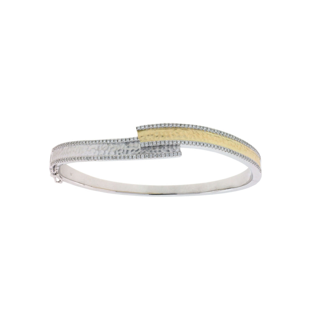 14k White Gold and 14k Yellow Gold Diamond Pavé Hammered Bangle Bracelet
