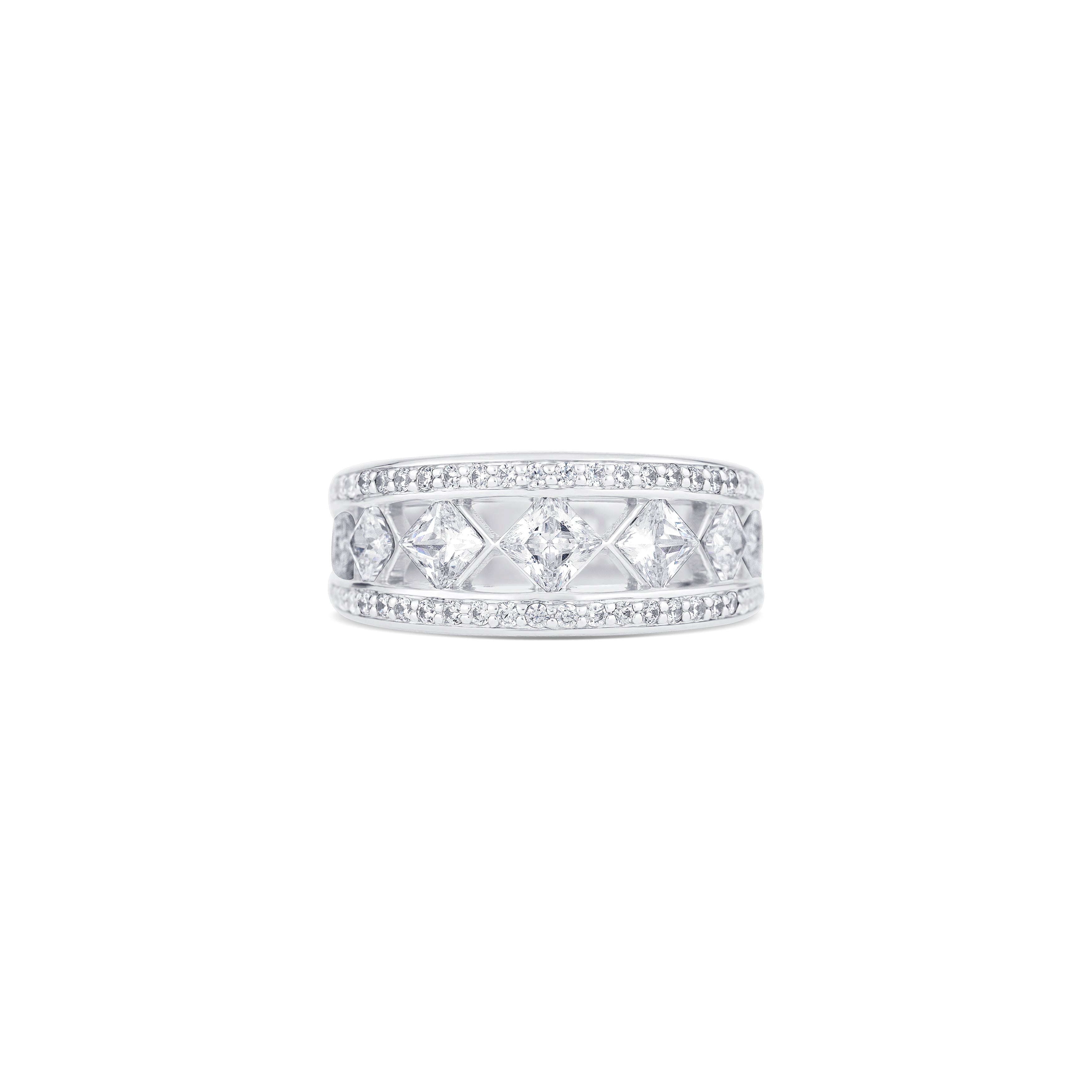 14K White Gold Princess Diamond Center Round Diamond Pavé Edge Band