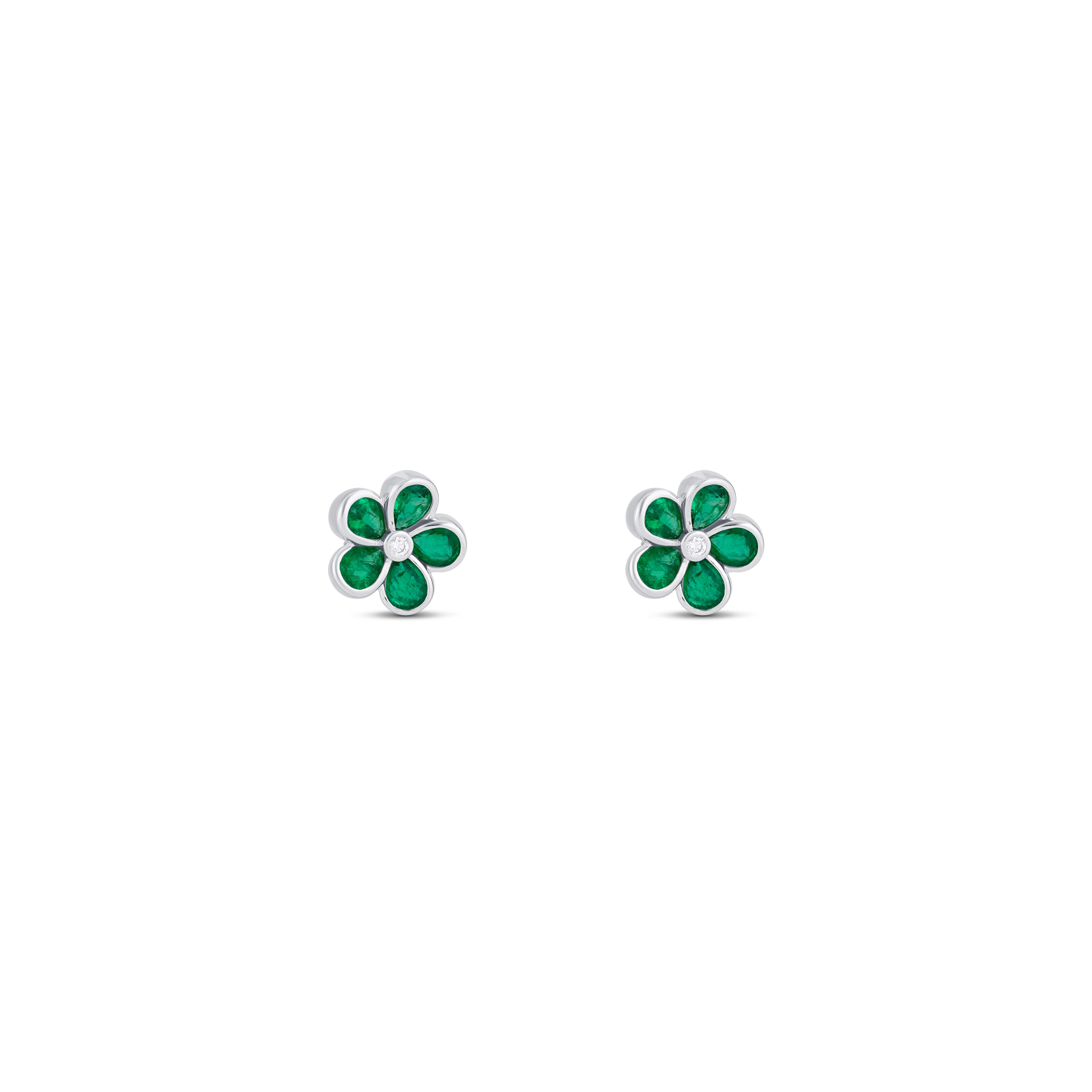 14K White Gold Emerald And Diamond Flower Earrings