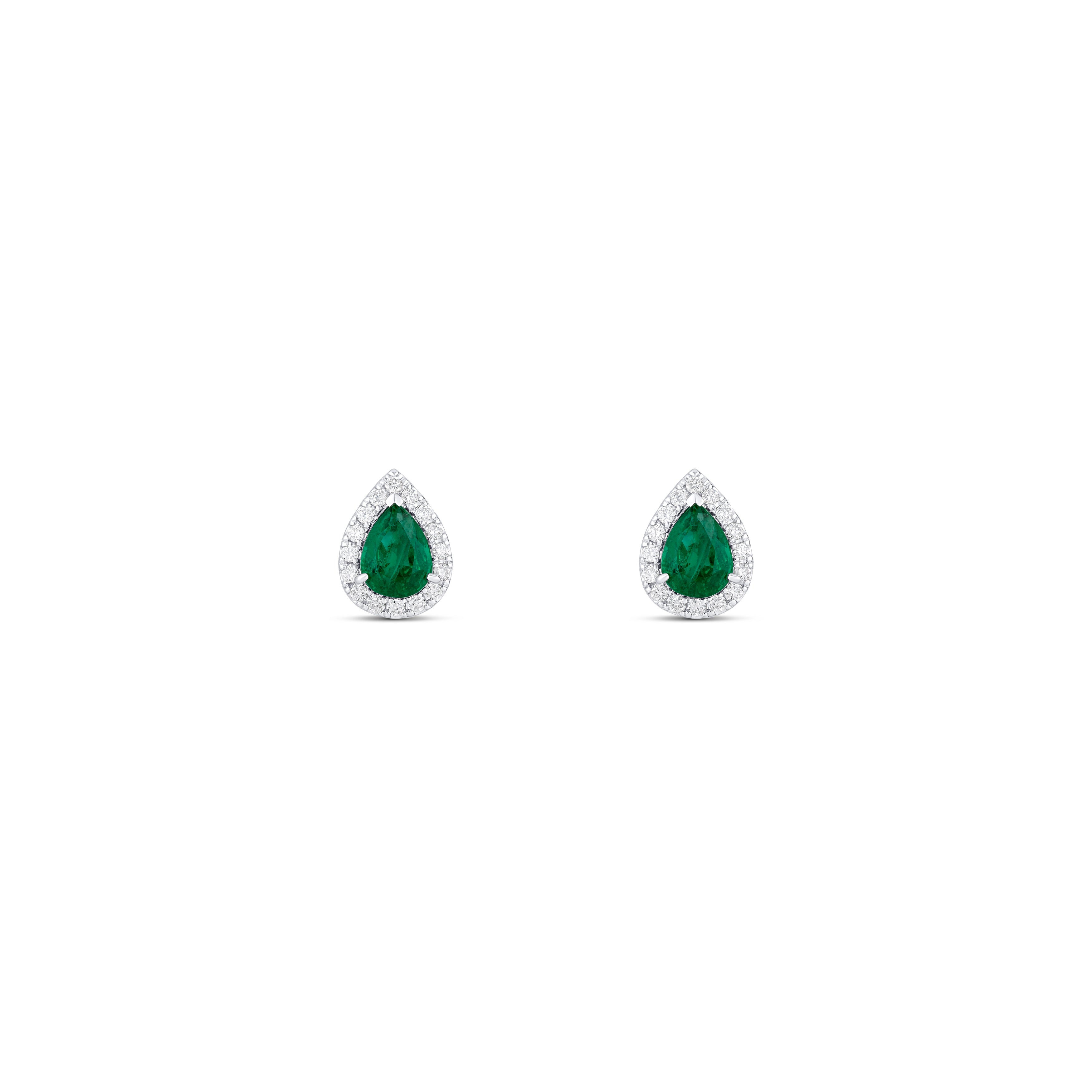 14K White Gold Emerald And Diamond Post Earrings