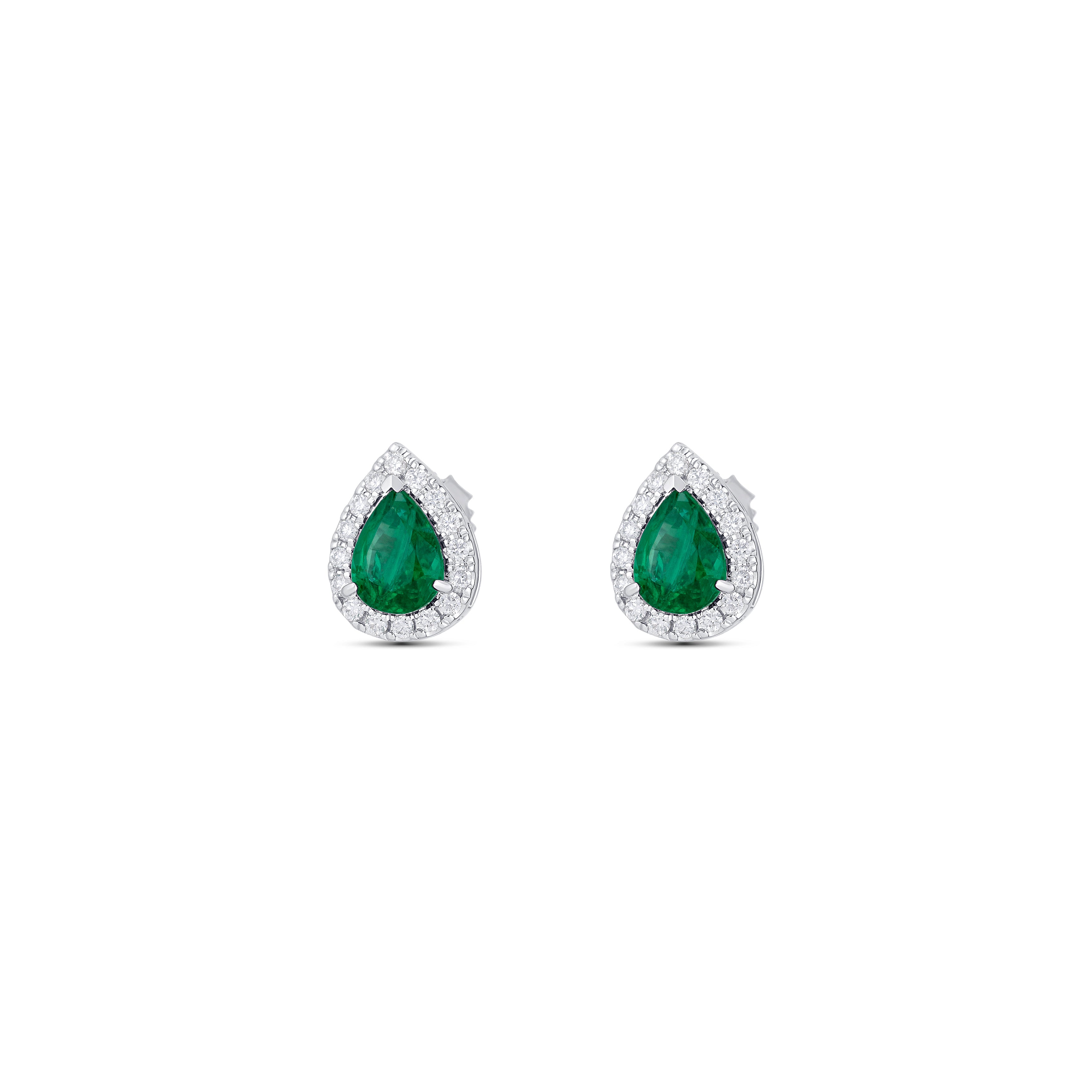 14K White Gold Emerald And Diamond Post Earrings