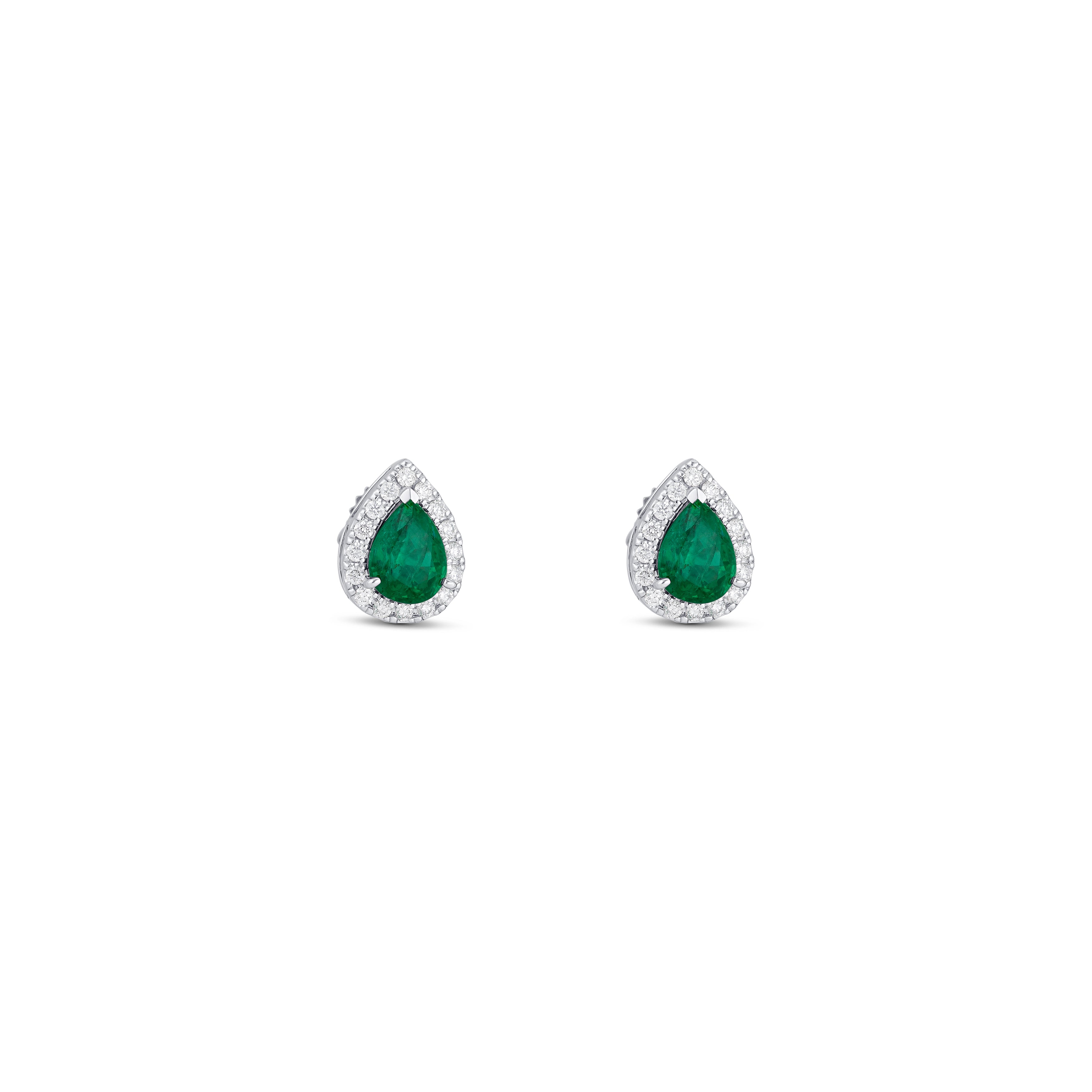 14K White Gold Emerald And Diamond Post Earrings