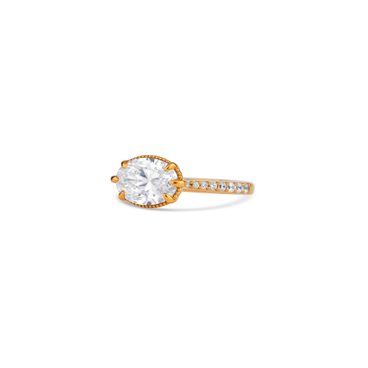 14K Yellow Gold East-West Round Diamond Pavé Side Engagement Ring Setting