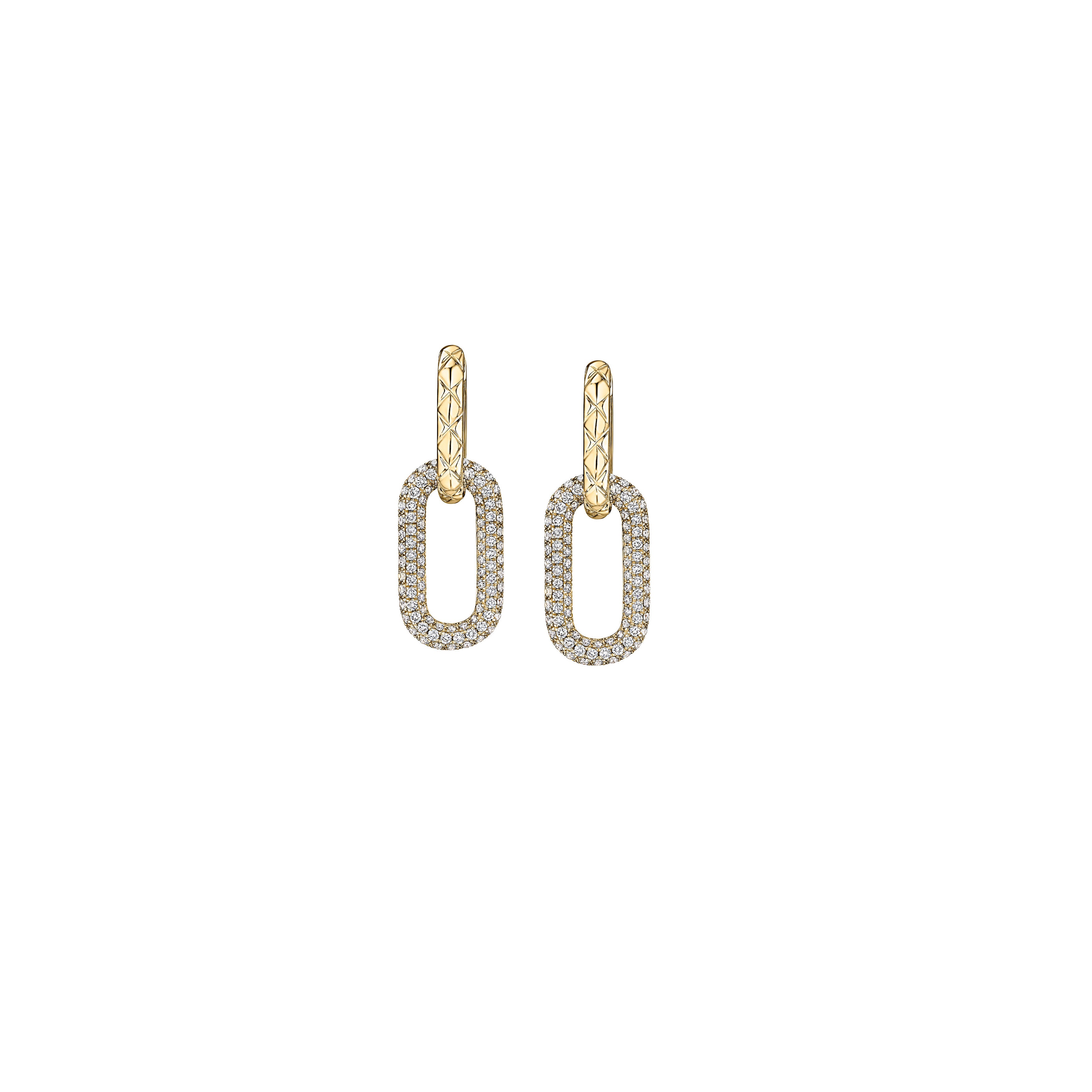 14K Yellow Gold Pavé Round Brilliant Diamond Paperclip Link Drop Hoop Earrings