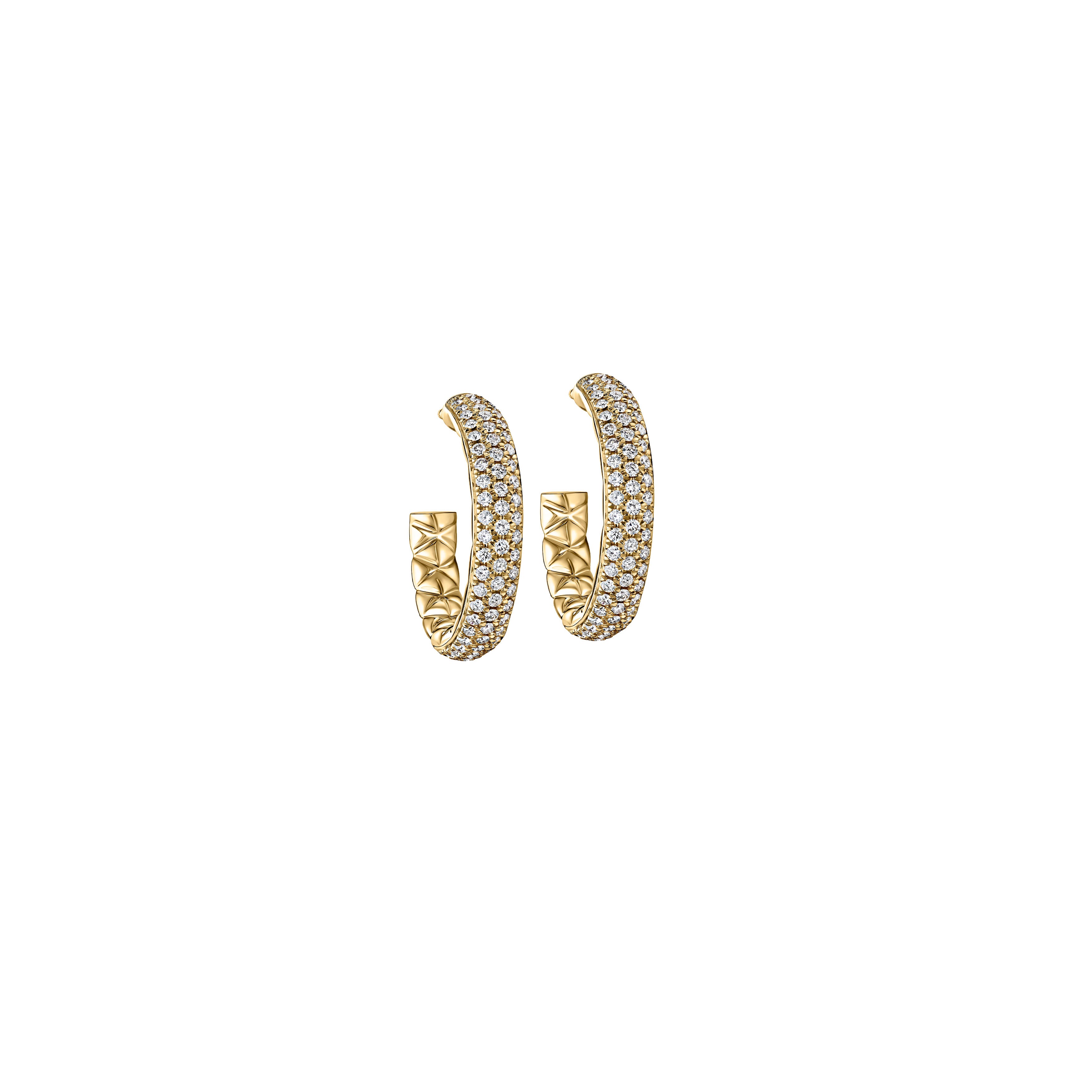 14K Yellow Gold Pavé Round Brilliant Diamond Quilted Hoop Earrings