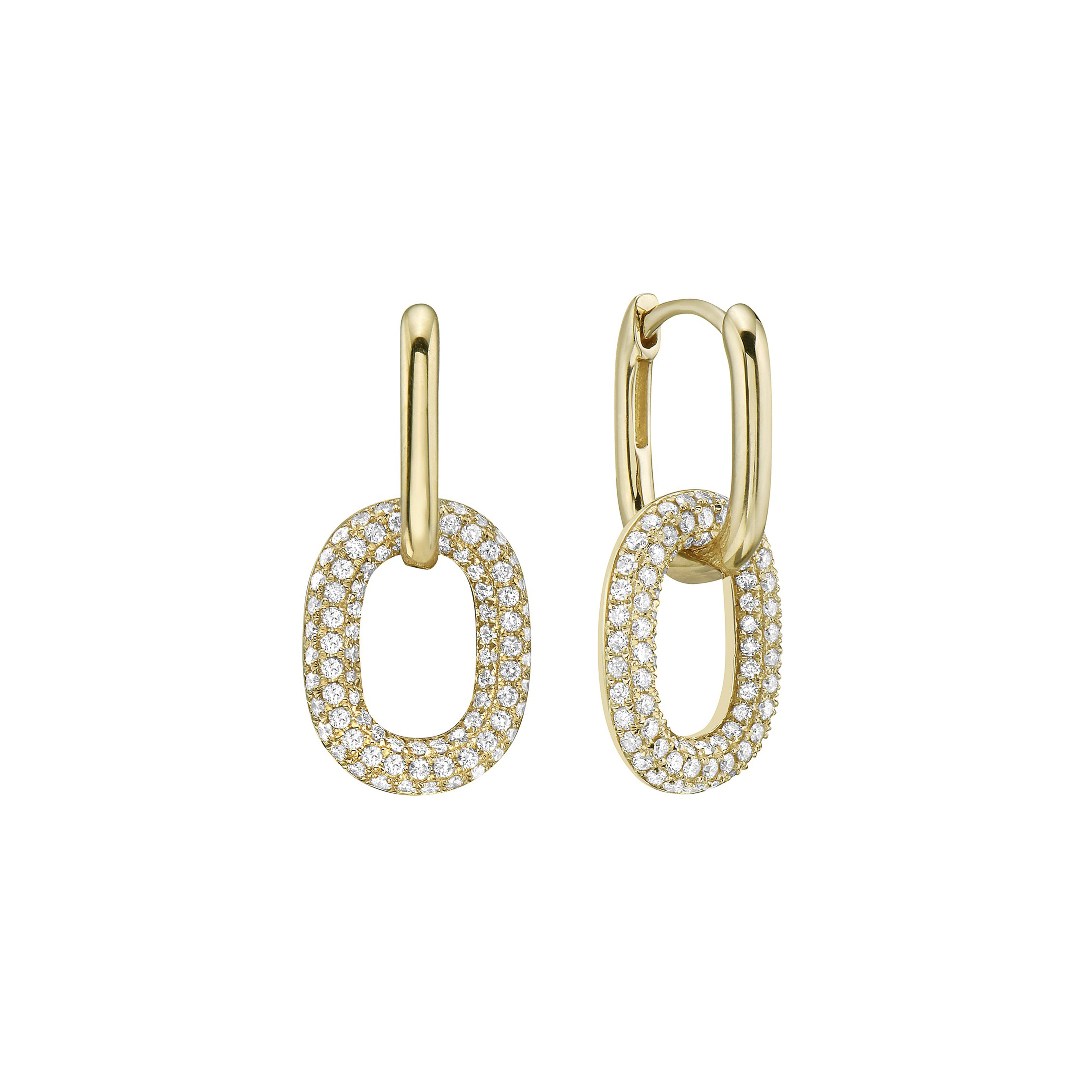 14K Yellow Gold Half Pavé Round Brilliant Diamond Paperclip Huggie Earrings