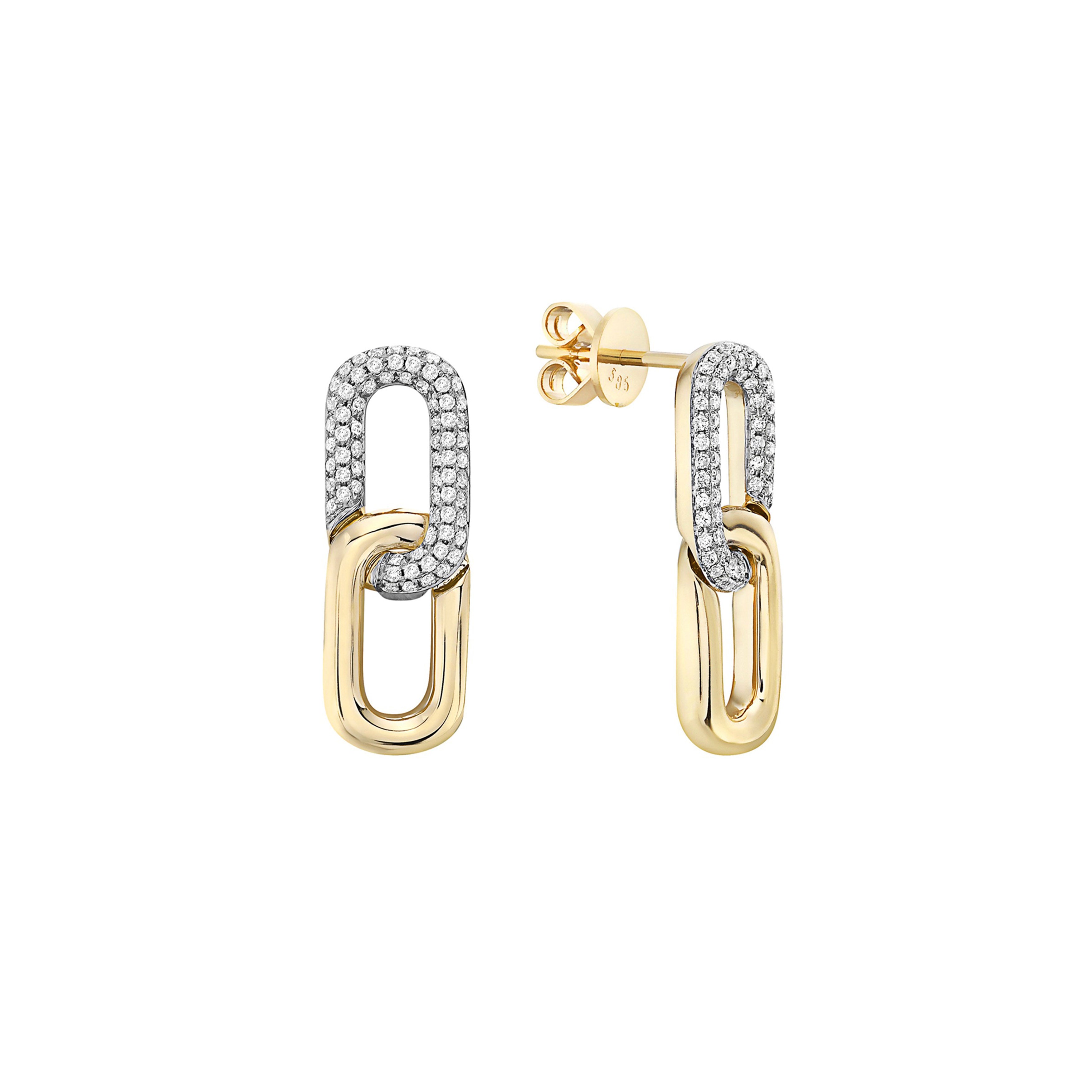 14K Yellow Gold Half Pavé Round Brilliant Diamond Paperclip Drop Earrings