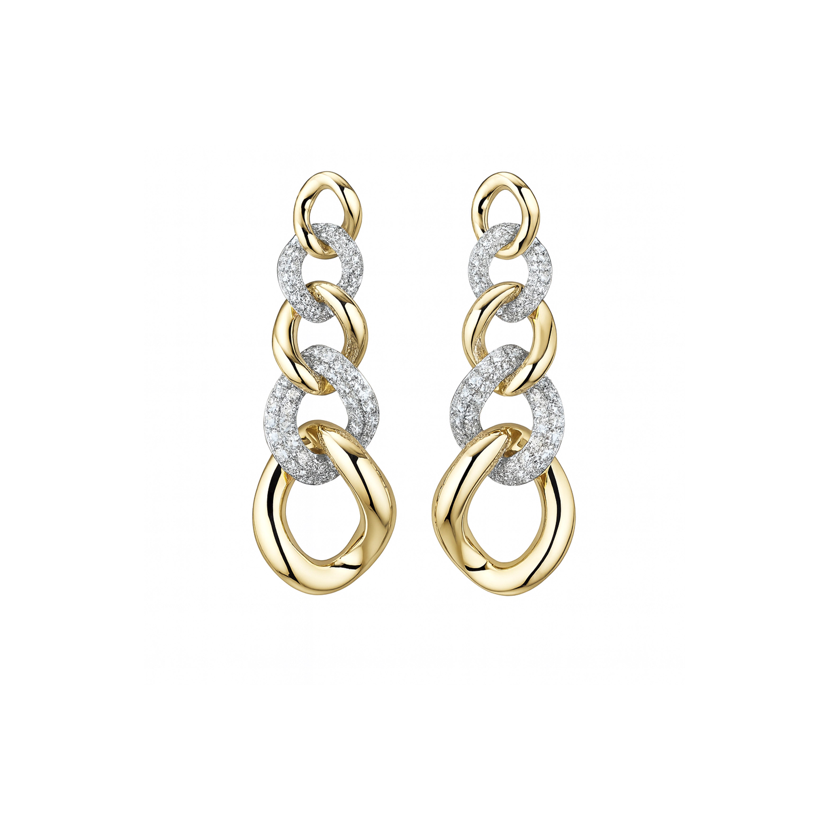 14K Yellow and White Gold Partial Pavé Round Brilliant Diamond Chain Drop Earrings