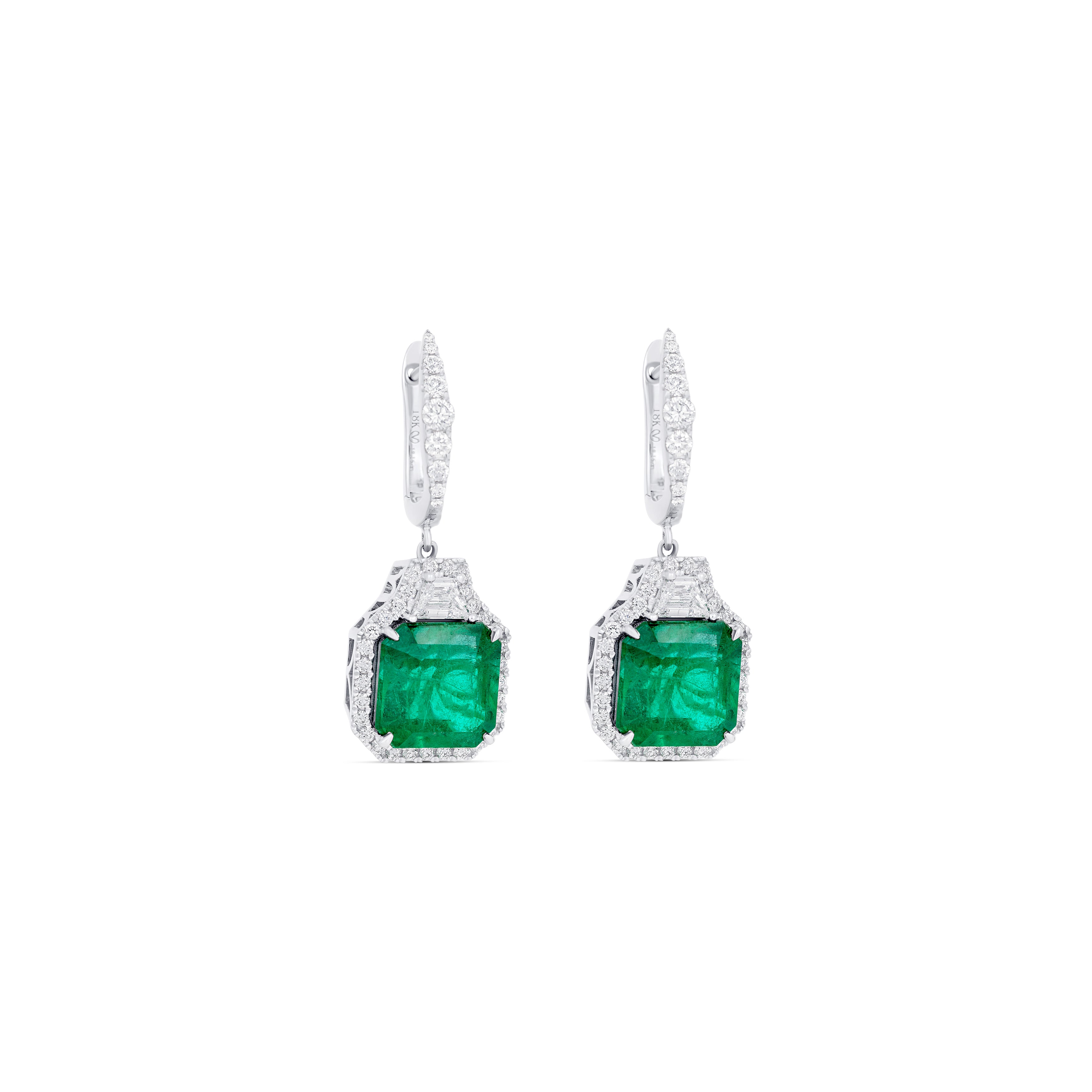 18K White Gold Emerald And Diamond Drop Hoop Earrings
