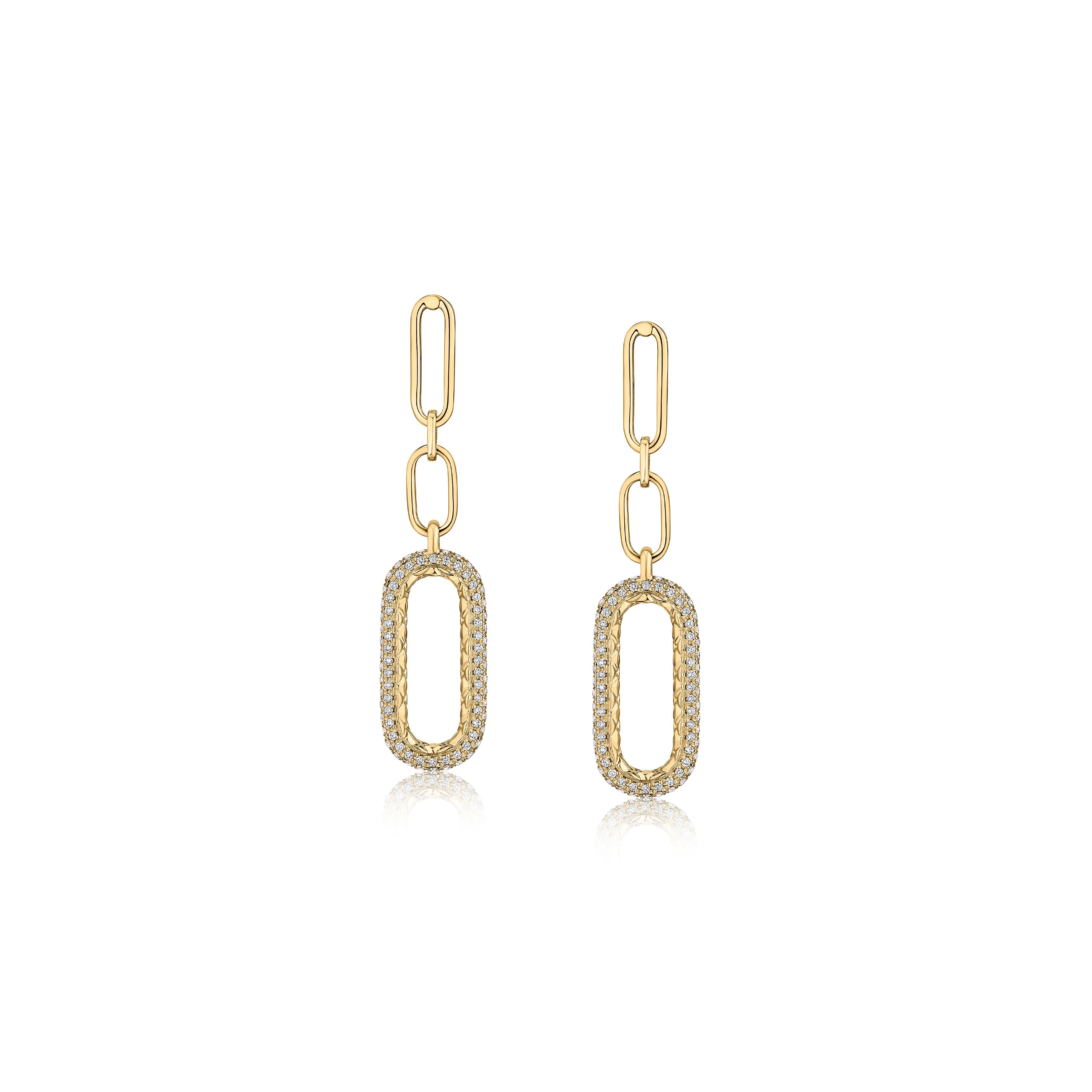 14K Yellow Gold Pavé Round Brilliant Diamond Paperclip Drop Earrings
