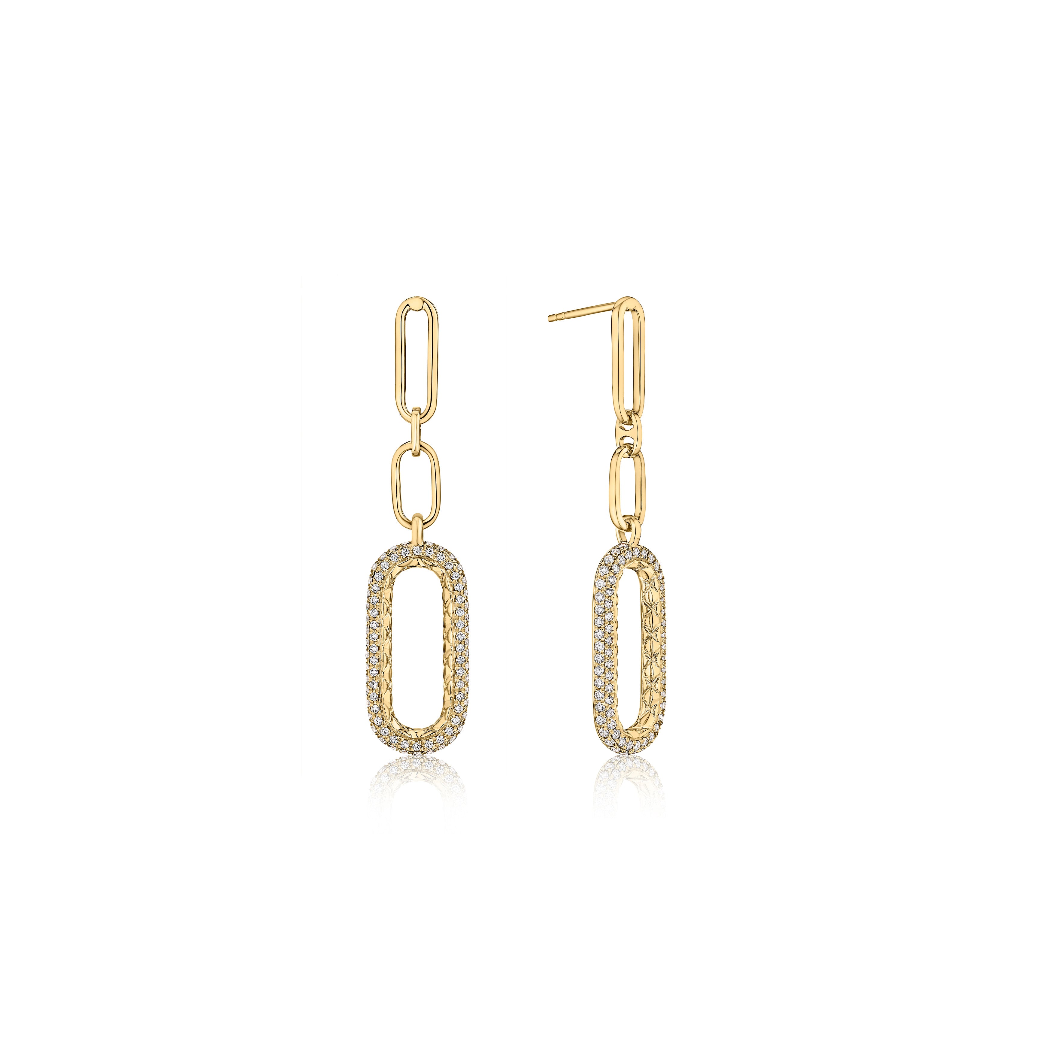 14K Yellow Gold Pavé Round Brilliant Diamond Paperclip Drop Earrings