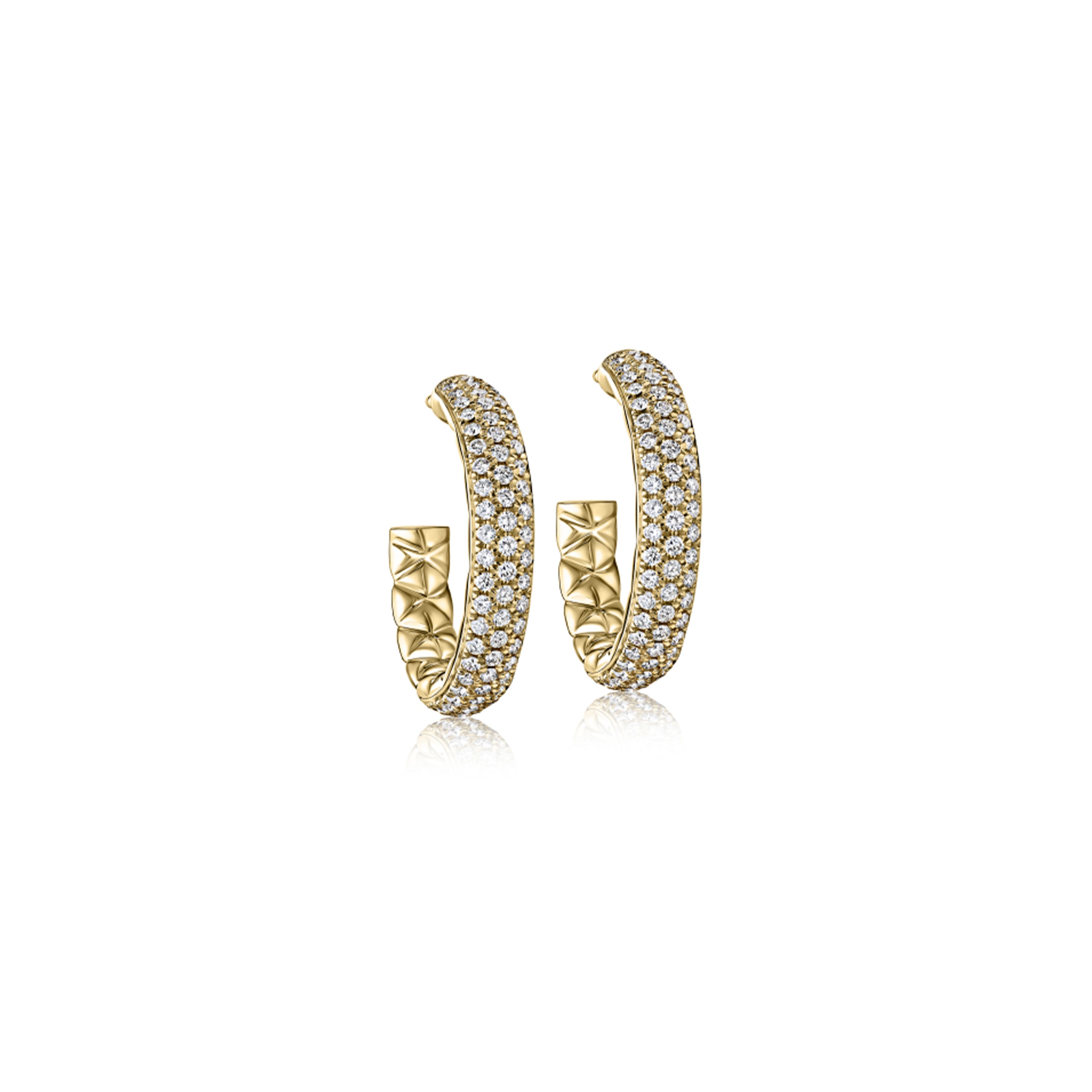 14K Yellow Gold Quilted Round Brilliant Diamond Hoop Earrings