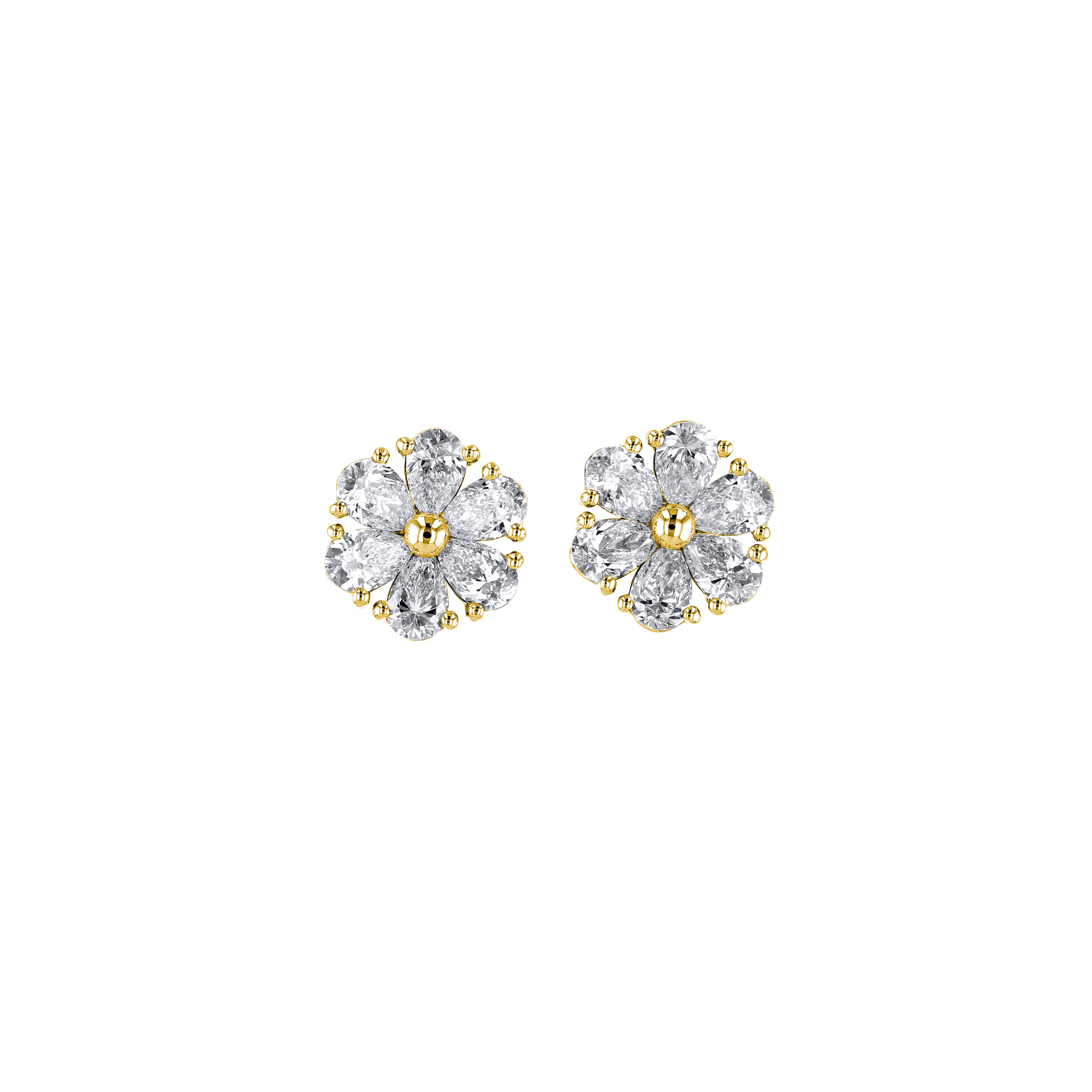 18K Yellow Gold Pear Diamond Flower Post Earrings