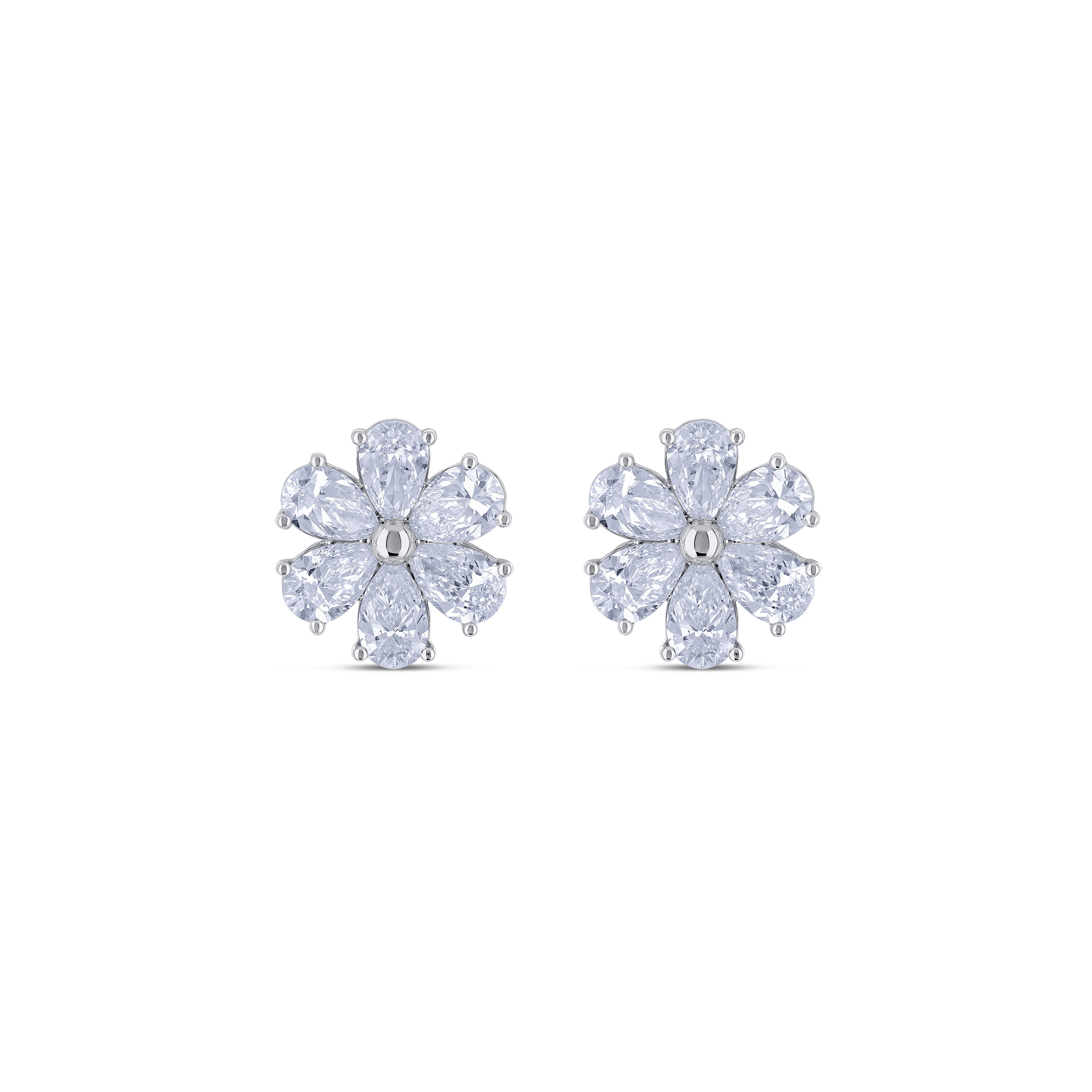 18K White Gold Pear Diamond Flower Post Earrings