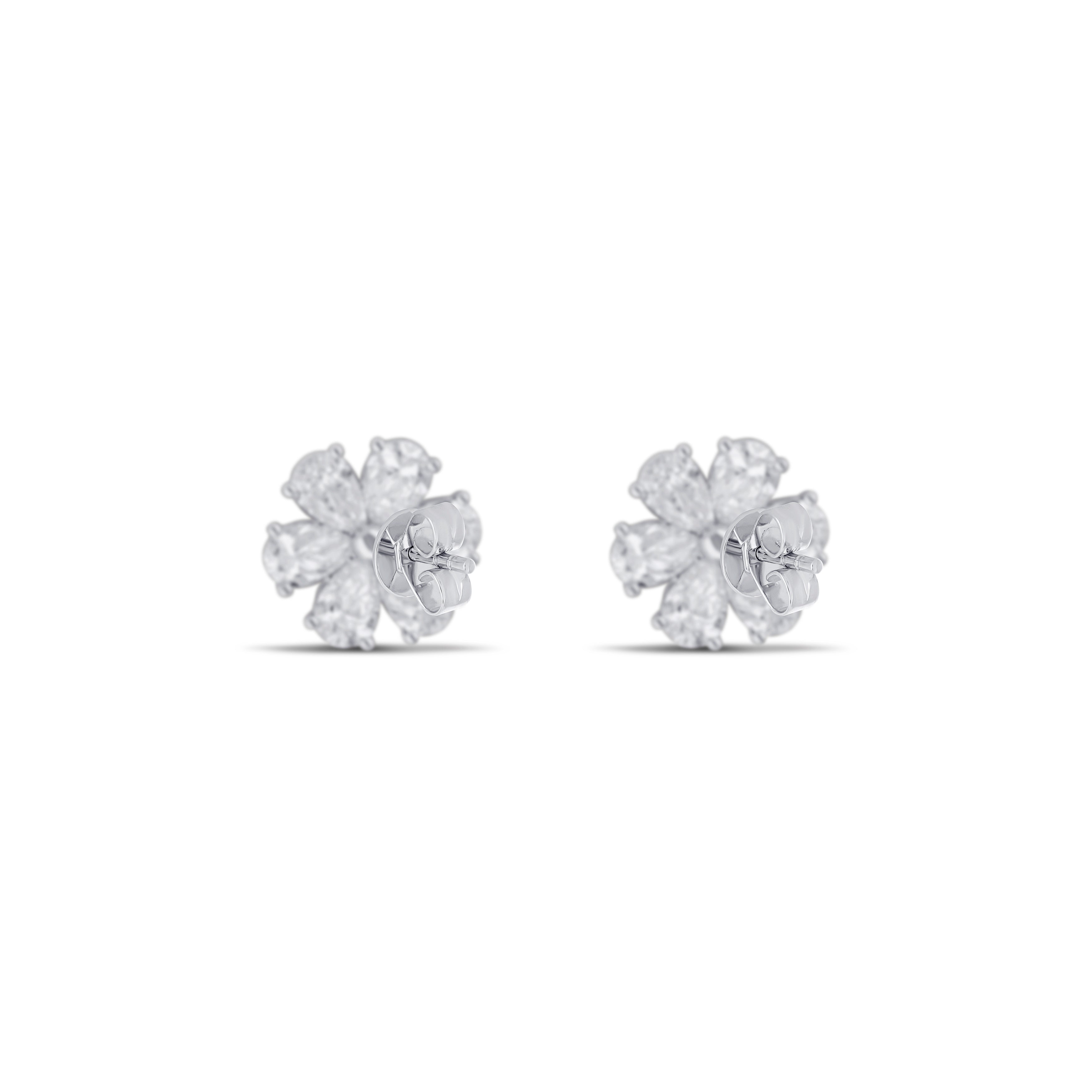 18K White Gold Pear Diamond Flower Post Earrings