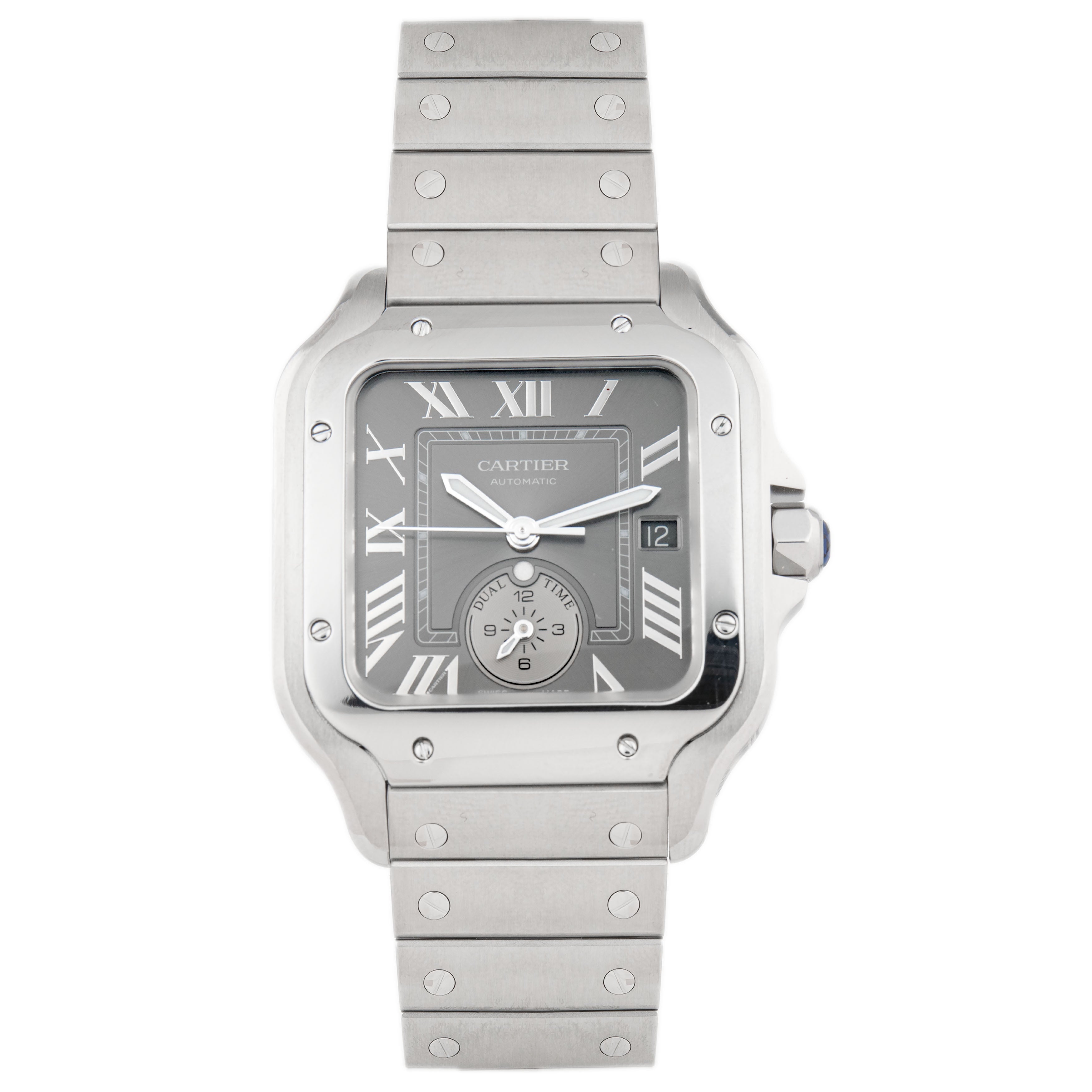 Cartier Santos Dual Time Stainless Steel Gray Dial 47.5mm x 37.7mm WSSA0076 Full Set